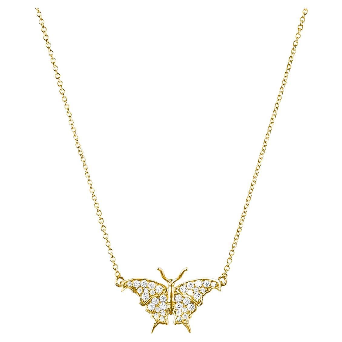 Small Butterfly Diamond Necklace Front View Yellow Gold For Sale