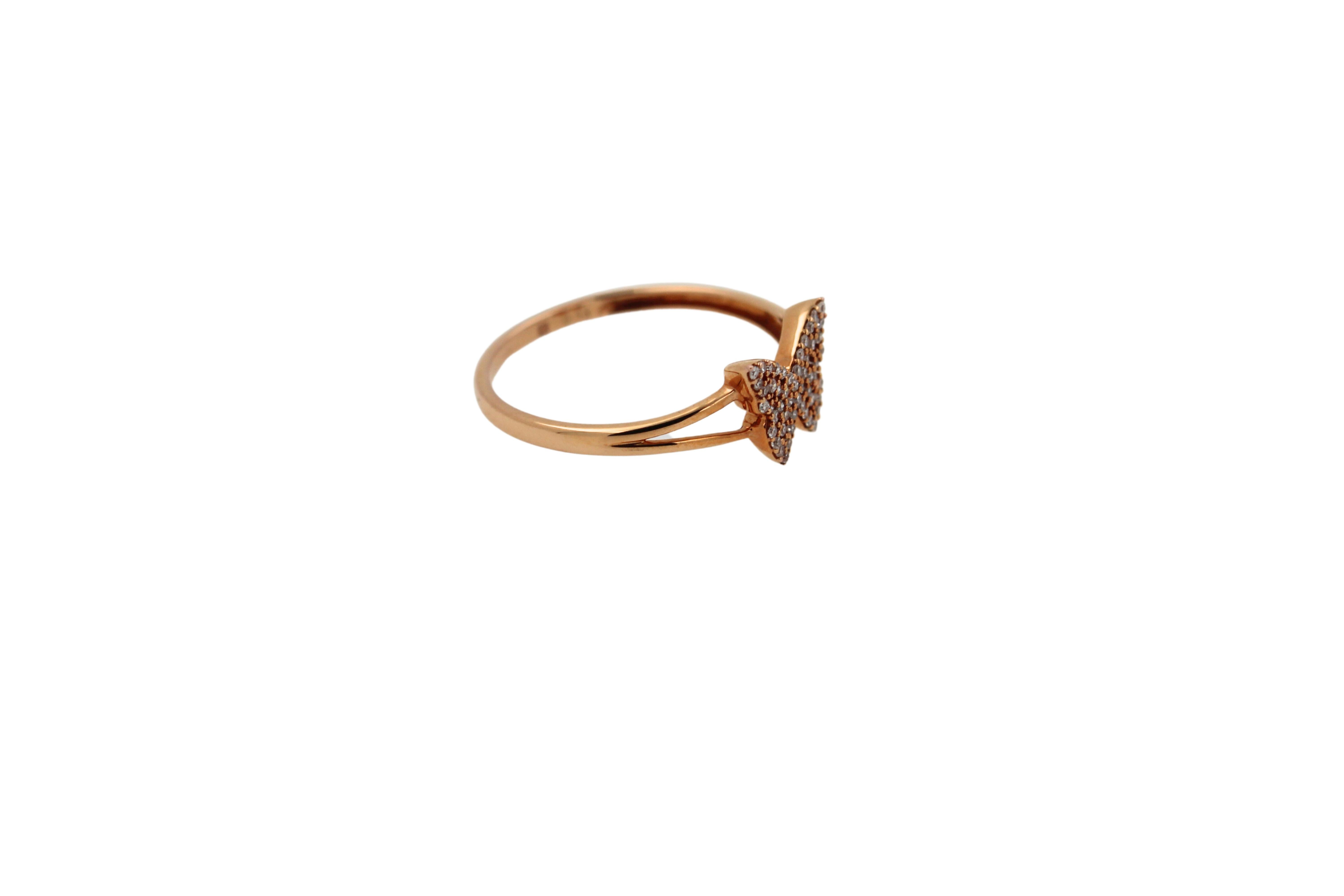 Art Deco Small Butterfly Diamond Pave Set 18K Rose Gold Split Shank Ring For Sale