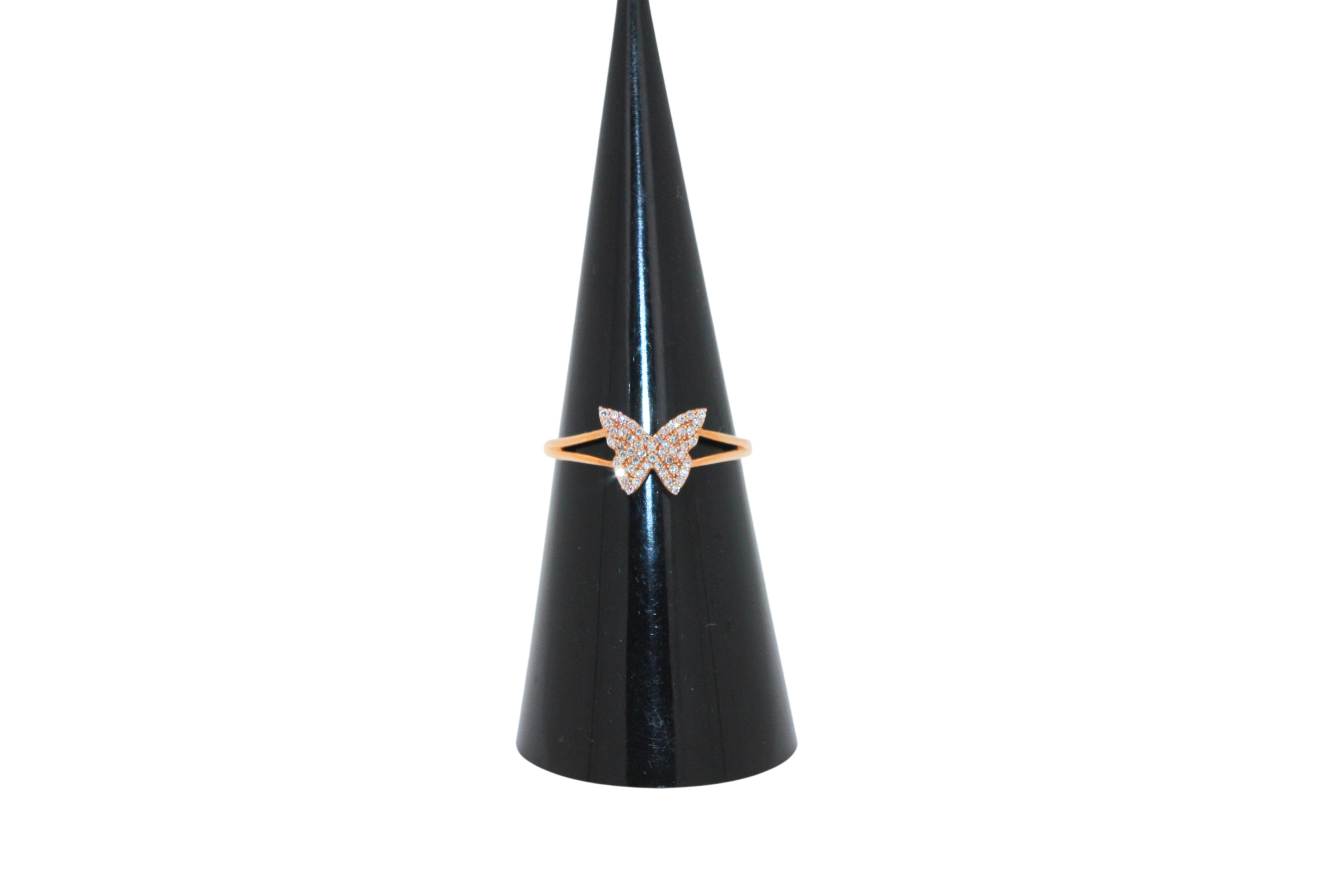 Cabochon Small Butterfly Diamond Pave Set 18K Rose Gold Split Shank Ring For Sale
