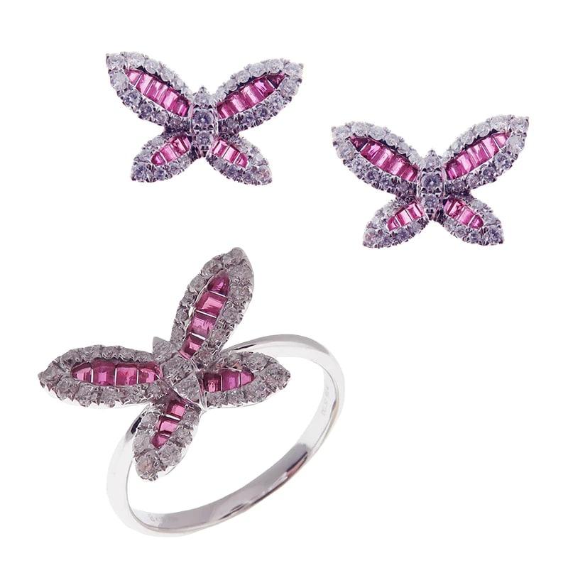 Small baguette butterfly ruby earring and ring set, all with a high polish finish. Available in 18K White Gold. 

Earring Information 
Diamond Type : Natural Diamond
Metal : 18K
Metal Color : White Gold
Diamond Carat Weight : 0.66ttcw
Rubies Carat