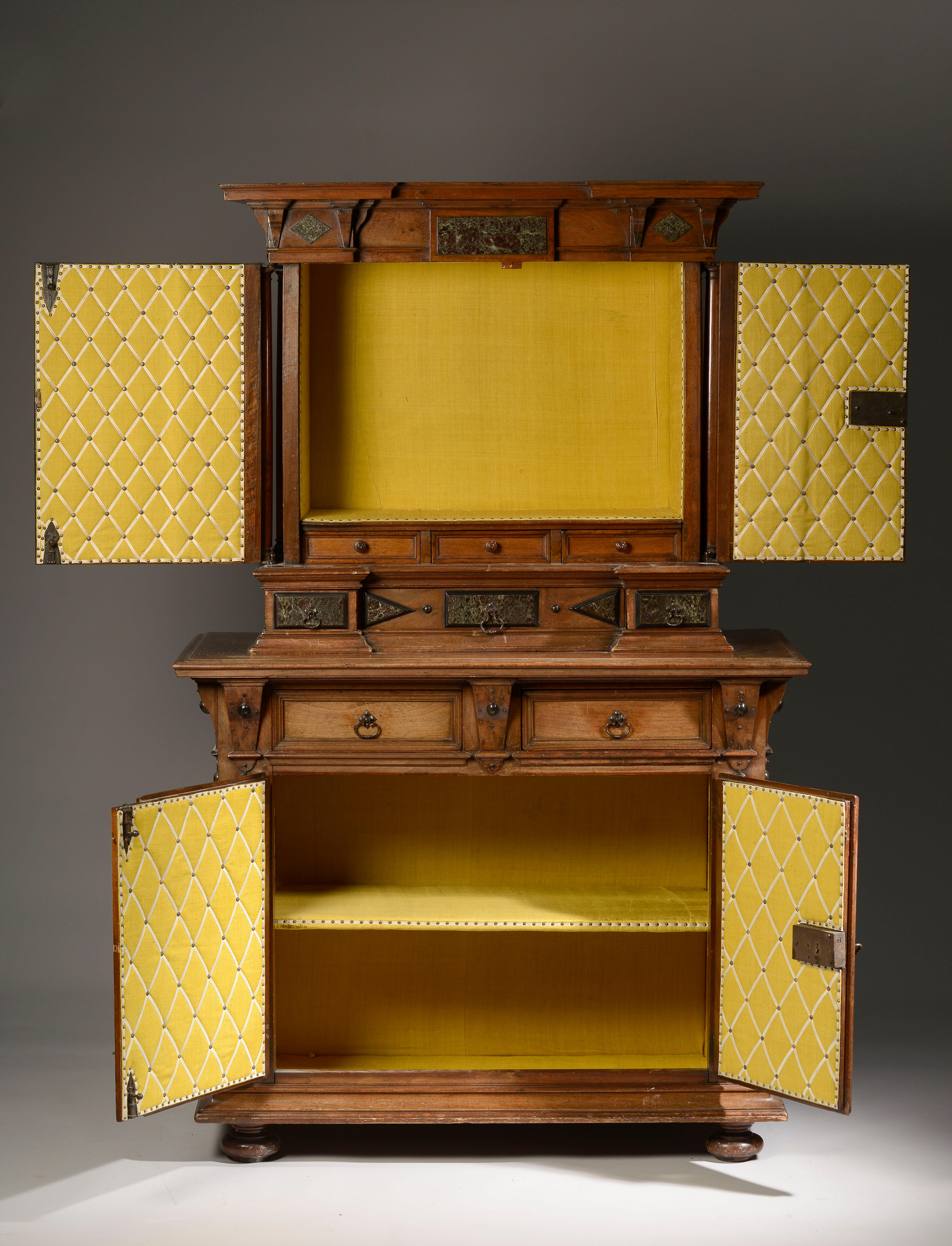 Walnut Small Cabinet by l'Ecole de Fontainebleau Incrusted with Marble Tablets For Sale