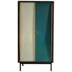 Petite armoire à portes en métal bleu/gris de Van Der Meeren:: Belgique:: années 1950