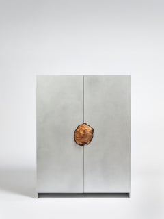 Waxed Aluminum Small Cabinet with Natural Golden Pink Stone by Pierre De Valck