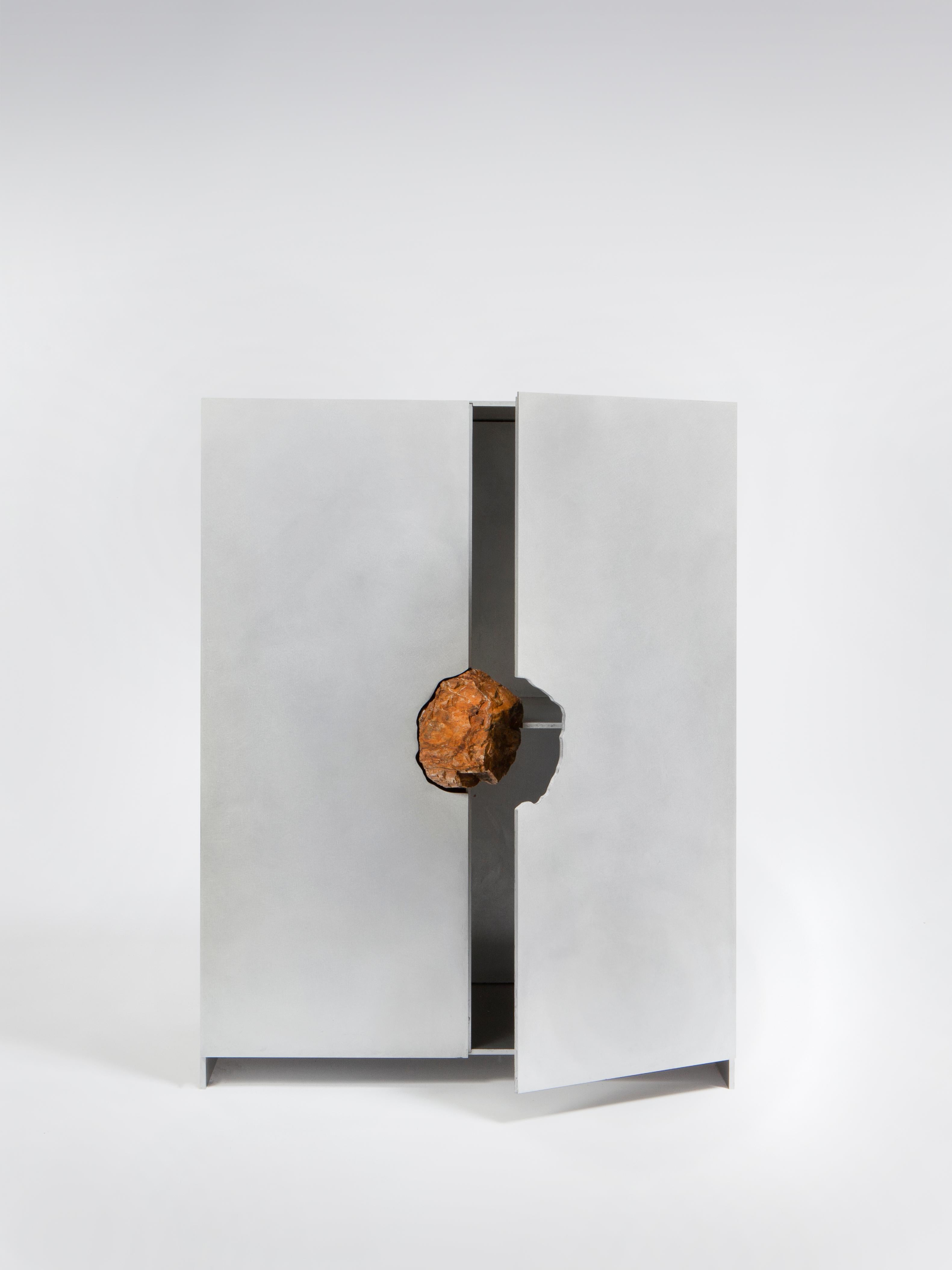 Post-Modern Waxed Aluminum Small Cabinet with Natural Golden Pink Stone by Pierre De Valck For Sale
