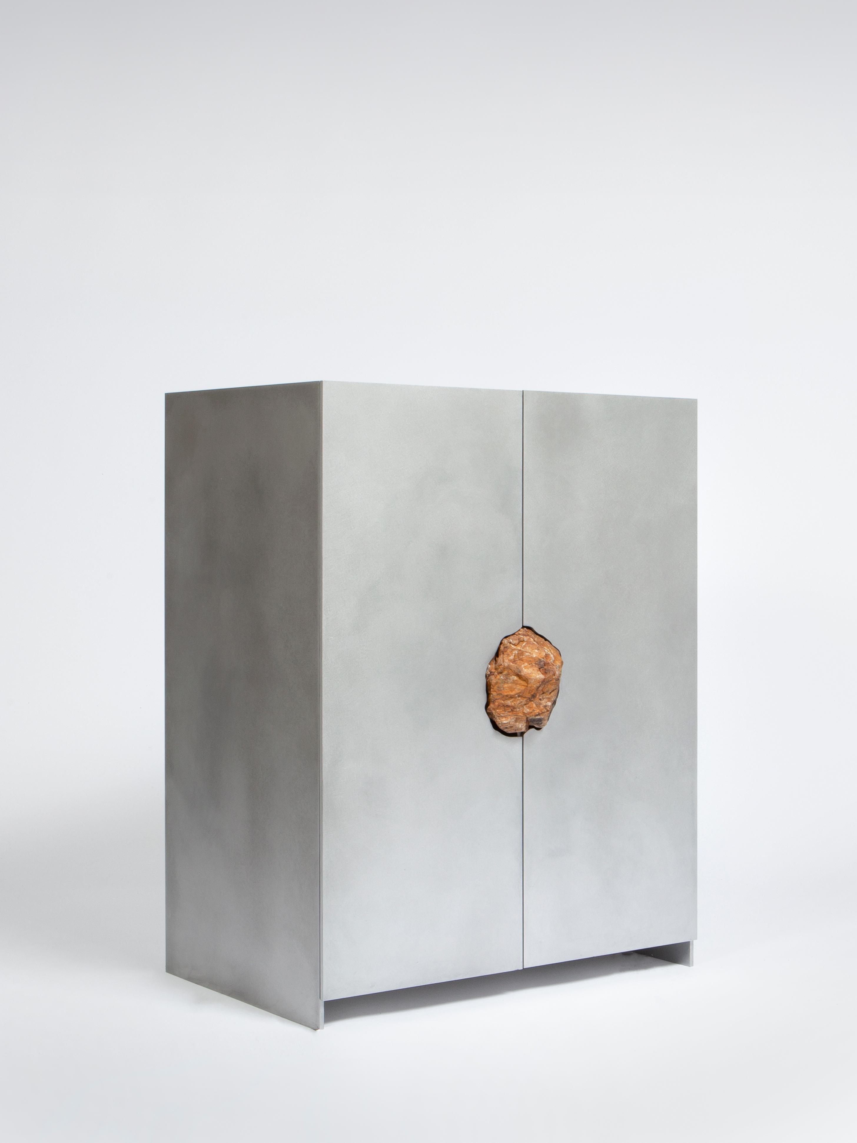 Belgian Waxed Aluminum Small Cabinet with Natural Golden Pink Stone by Pierre De Valck For Sale