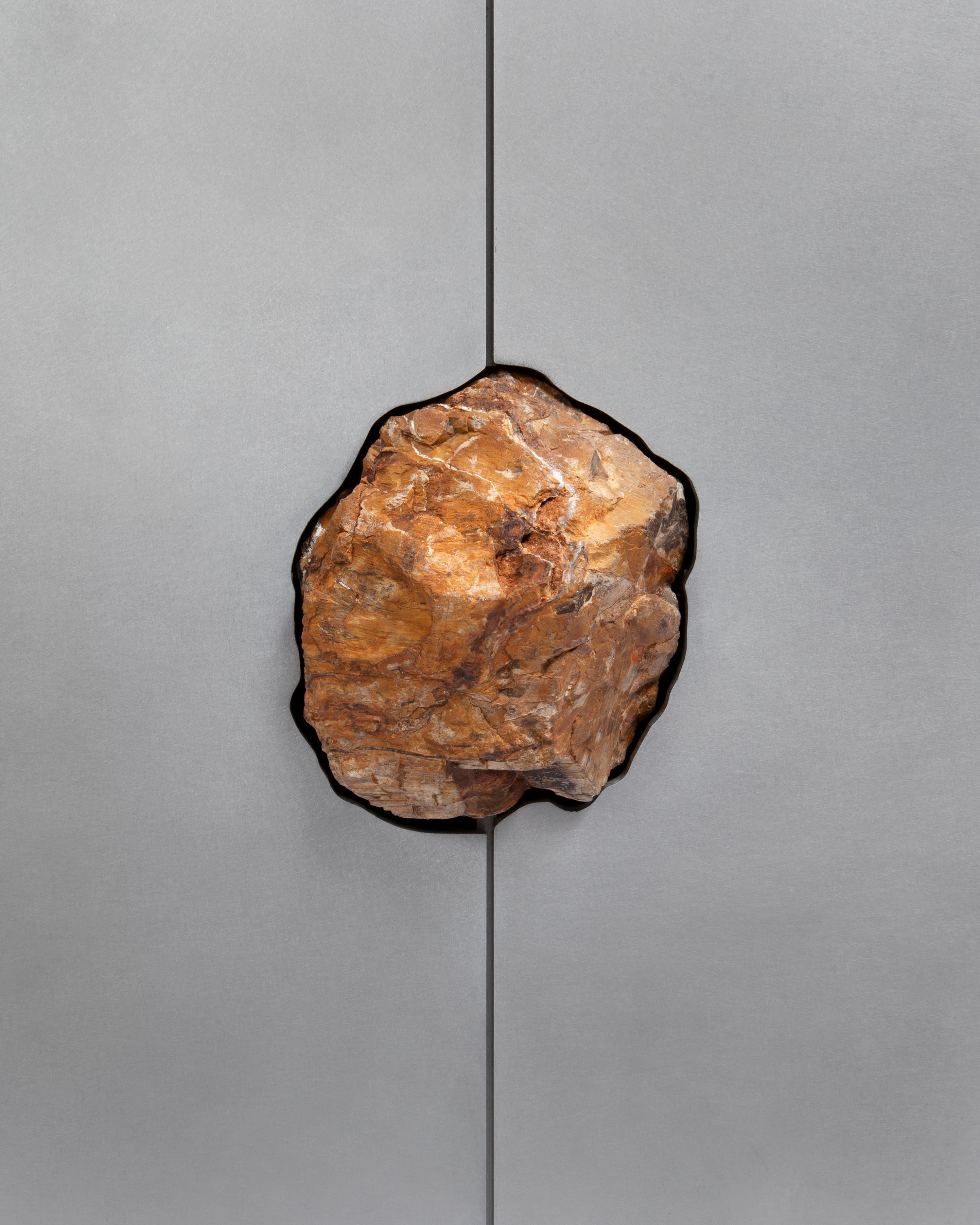 Waxed Aluminum Small Cabinet with Natural Golden Pink Stone by Pierre De Valck In New Condition For Sale In Geneve, CH