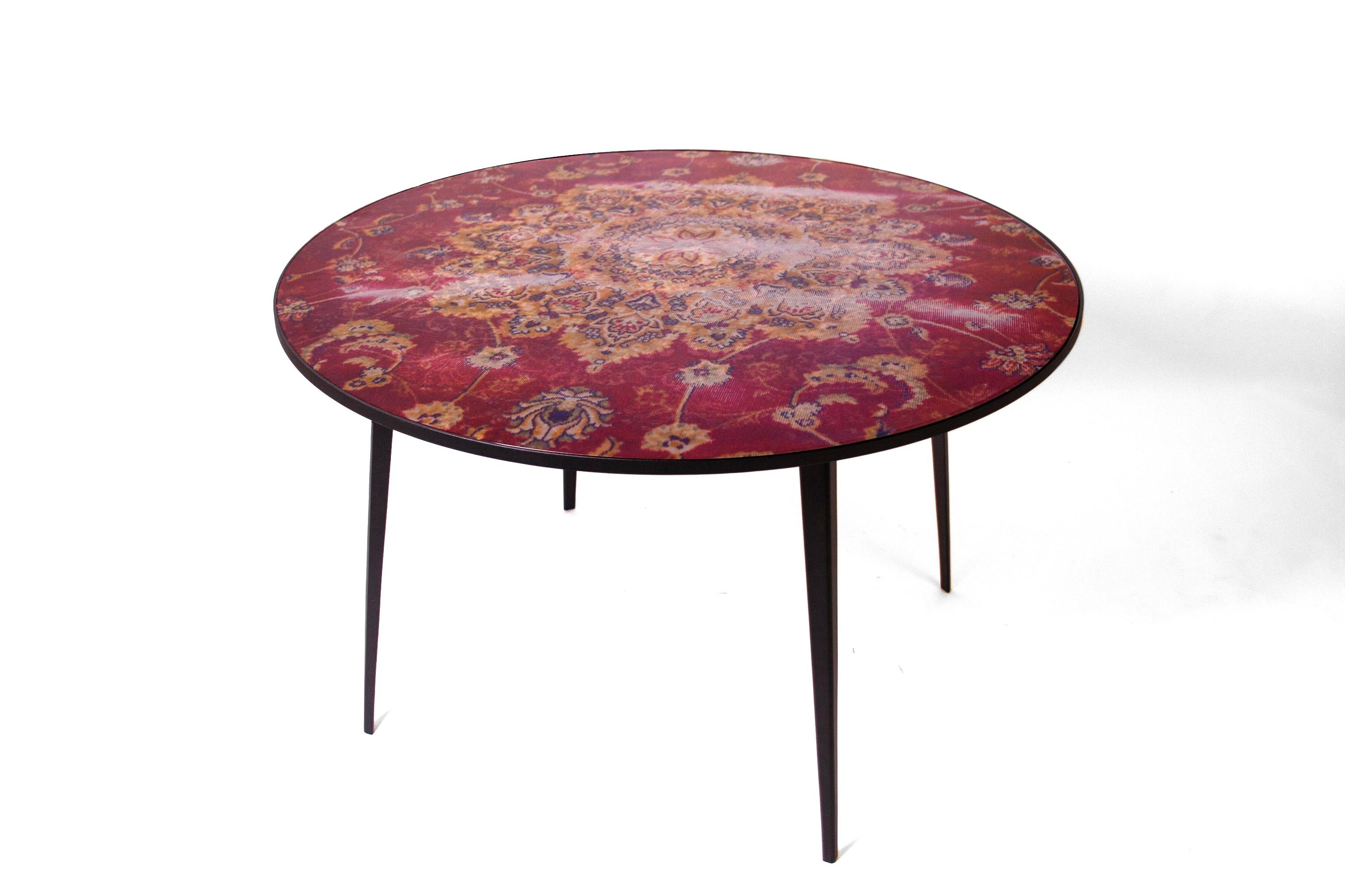 Small Cafe 6116 Steel Table Round by Atelier Ruben Van Megen
Dimensions: D 90 x H 42 cm
Materials: Persian carpet, resin, steel.

Ruben van Megen (1984) graduated  from the Design Academy in Eindhoven in 2012, with the focus ‘public space’. Before