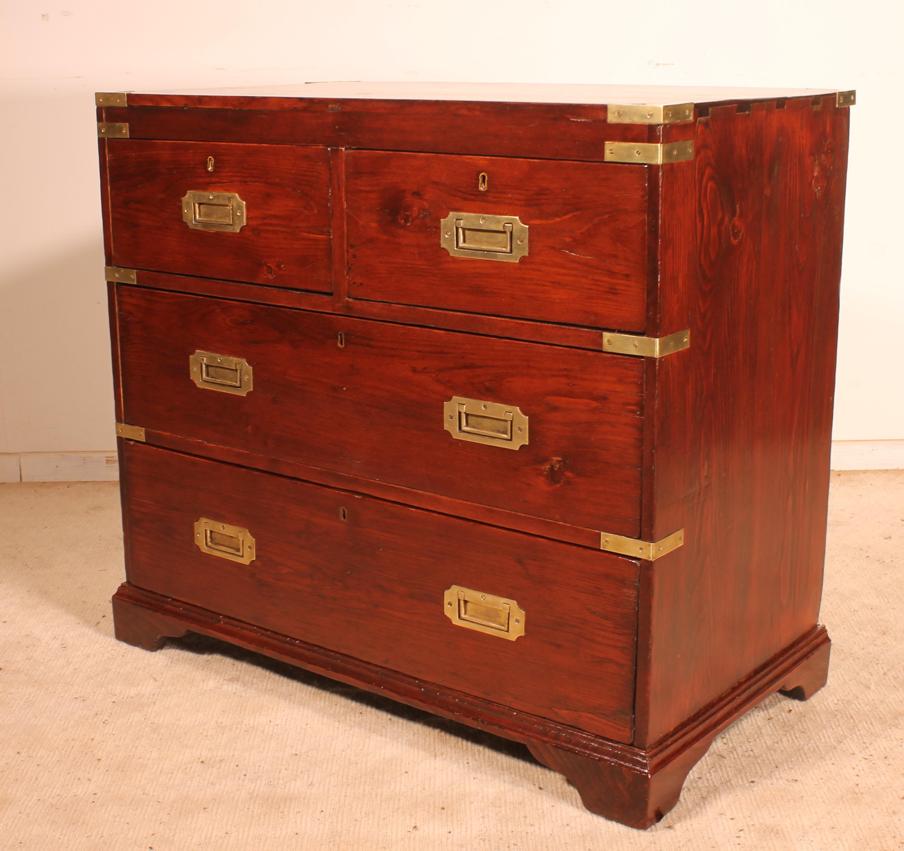 English Small Campaign Chest of Drawers from 19th Century Stamped Heals & Sons London