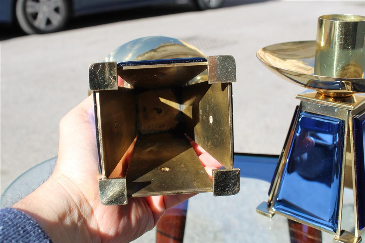 Small Candlesticks Midcentury Italian Design Brass Gold Blu Cobalto Mirror For Sale 5