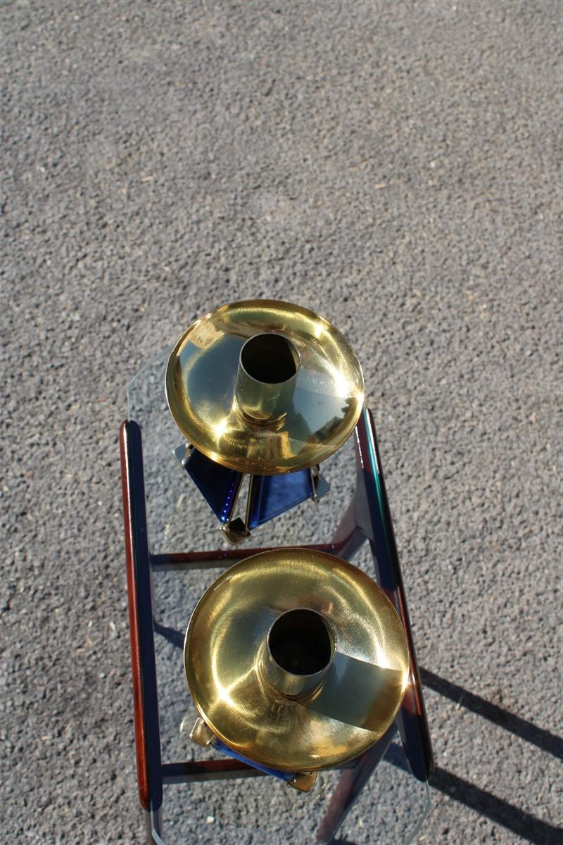 Small Candlesticks Midcentury Italian Design Brass Gold Blu Cobalto Mirror For Sale 6