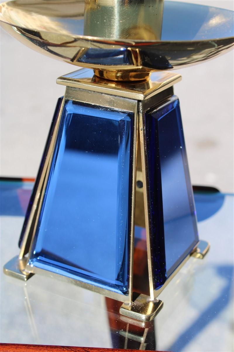 Mid-Century Modern Small Candlesticks Midcentury Italian Design Brass Gold Blu Cobalto Mirror For Sale