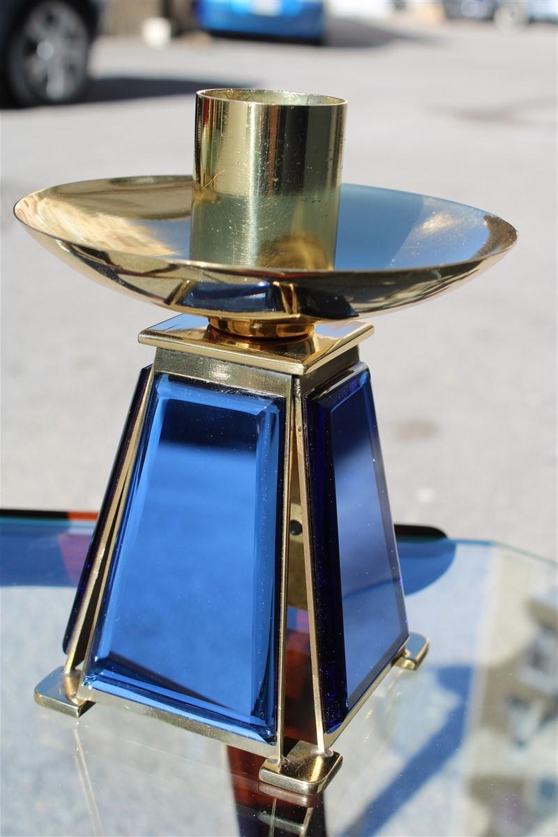 Small Candlesticks Midcentury Italian Design Brass Gold Blu Cobalto Mirror In Good Condition For Sale In Palermo, Sicily