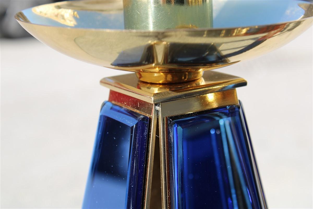 Small Candlesticks Midcentury Italian Design Brass Gold Blu Cobalto Mirror For Sale 2