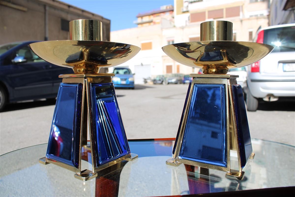 Small Candlesticks Midcentury Italian Design Brass Gold Blu Cobalto Mirror For Sale 3