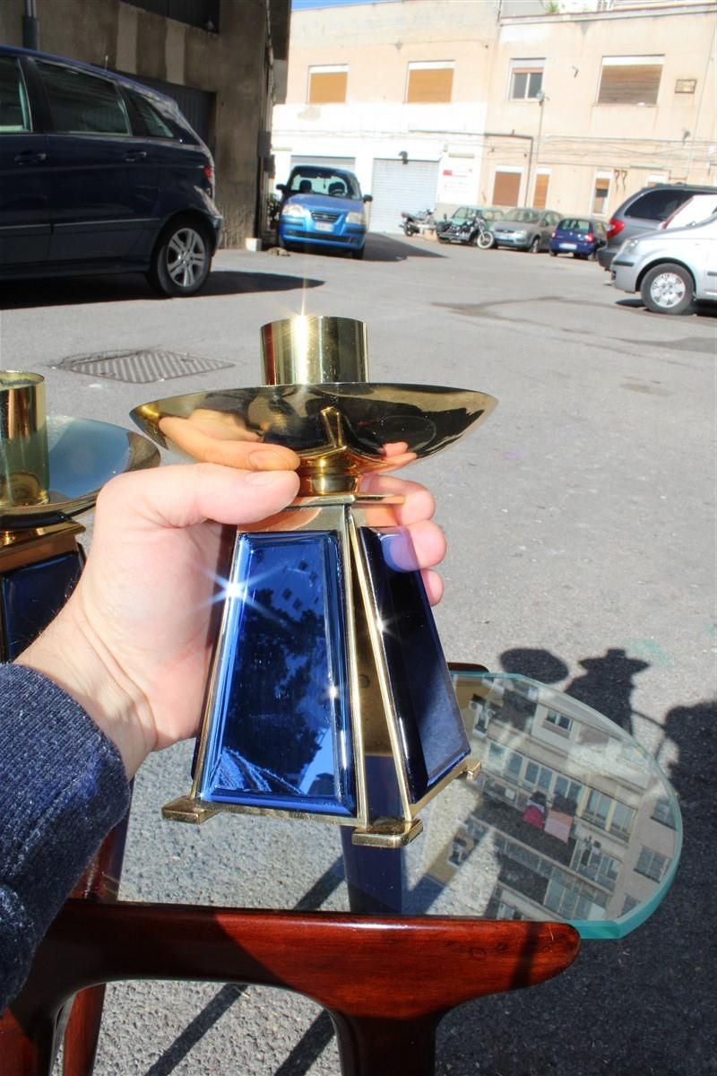 Small Candlesticks Midcentury Italian Design Brass Gold Blu Cobalto Mirror For Sale 4