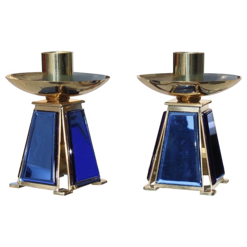 Small Candlesticks Midcentury Italian Design Brass Gold Blu Cobalto Mirror For Sale