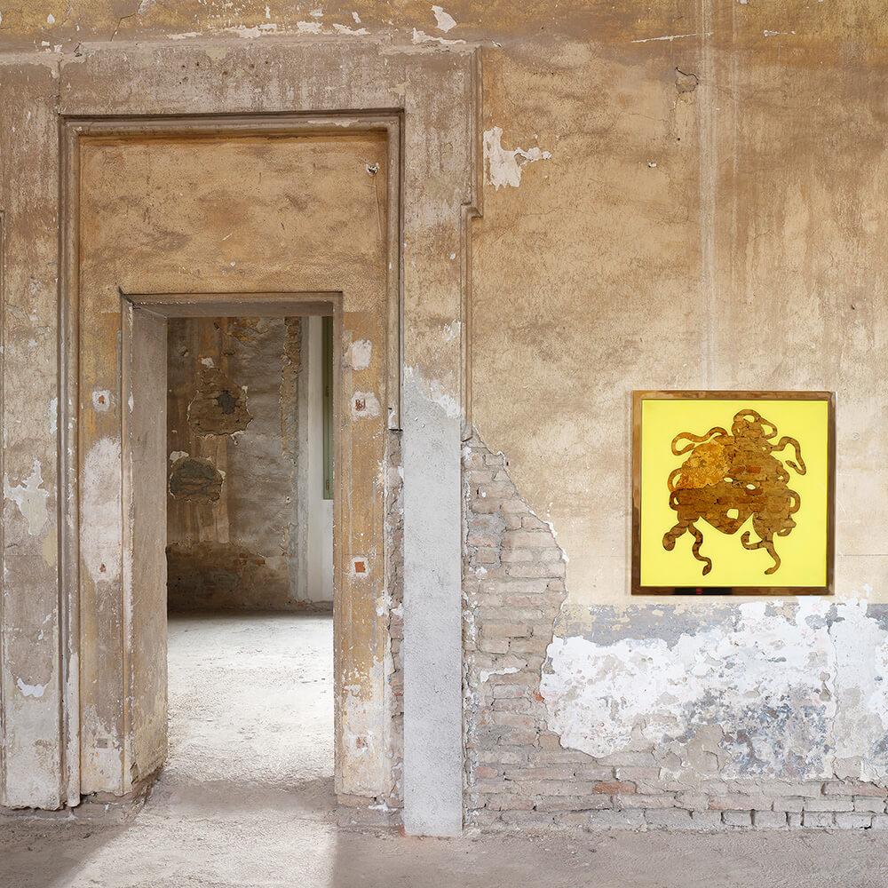 Small Caravaggio, The Medusa, Icon Wall Decoration by Davide Medri
Dimensions: D 10 x W 88 x H 88 cm.
Materials: Golden mirror, metal structure.
Available in different colors and sizes.

Davide Medri was born in Cesena on August 7th 1967 and
