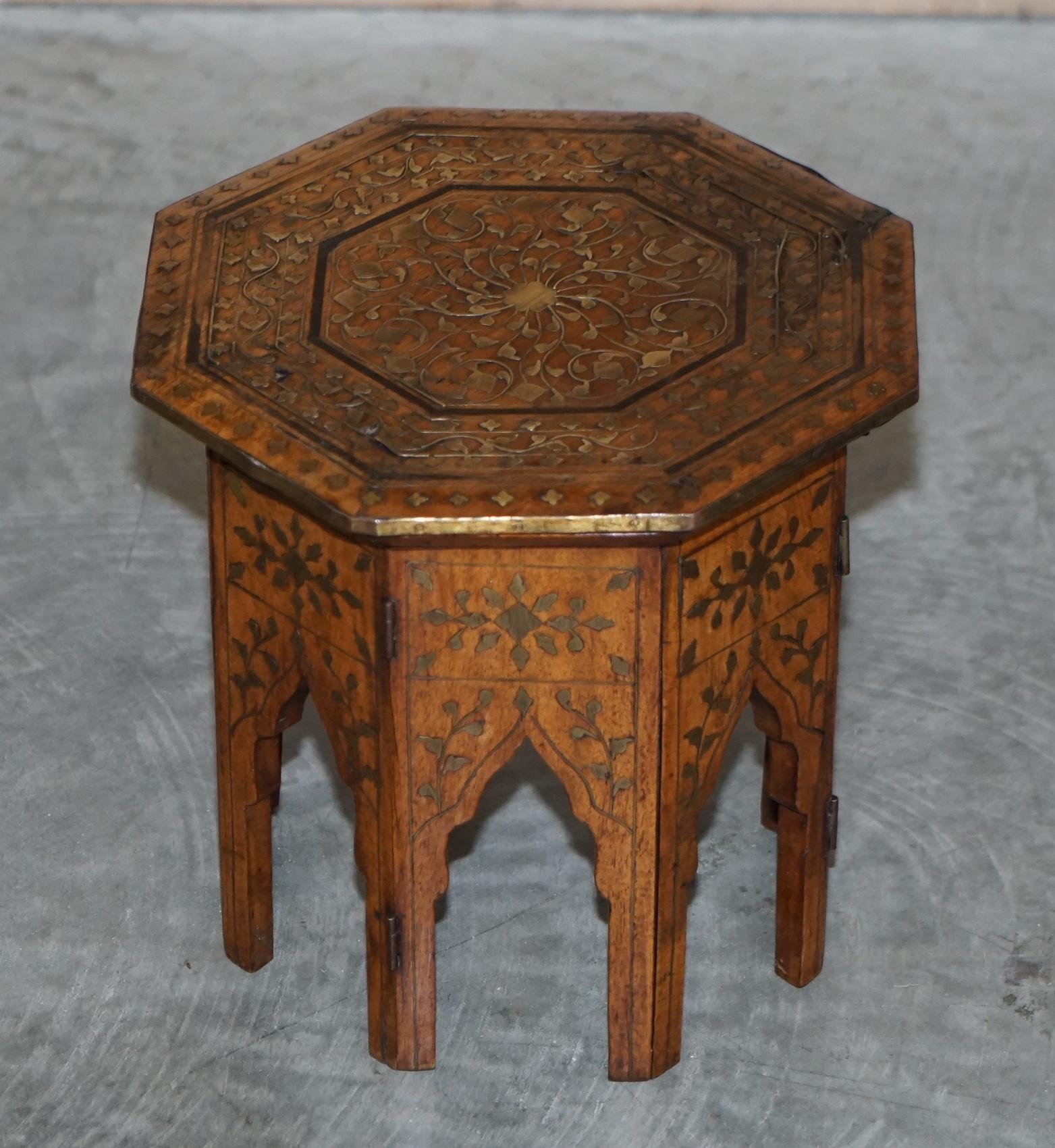 Victorian Small Carved Burmese Folding Hardwood & Brass Antique Side End Lamp Wine Table