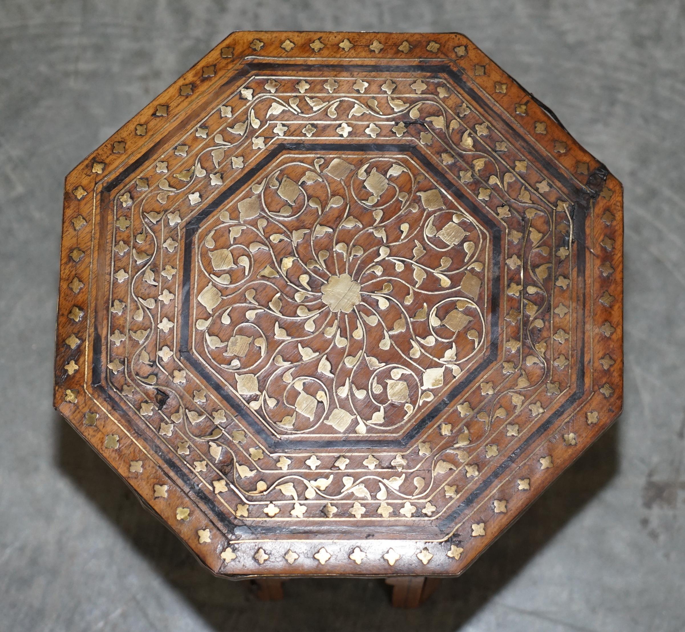 Hand-Crafted Small Carved Burmese Folding Hardwood & Brass Antique Side End Lamp Wine Table