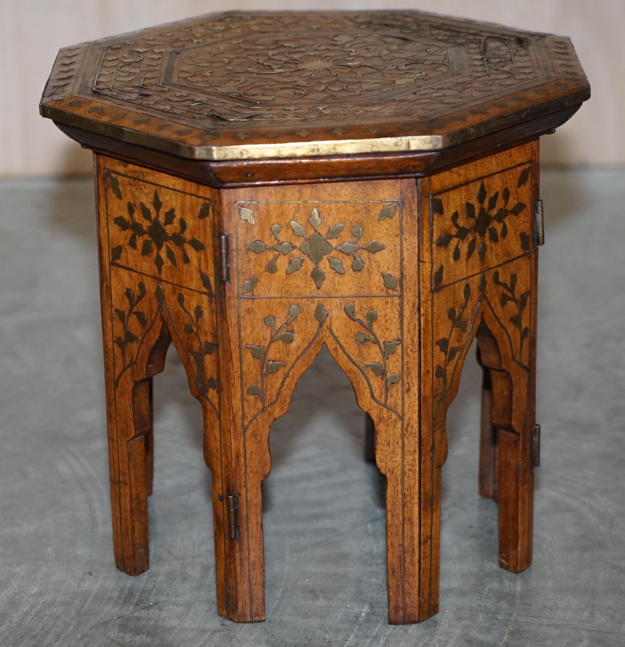 Small Carved Burmese Folding Hardwood & Brass Antique Side End Lamp Wine Table 2