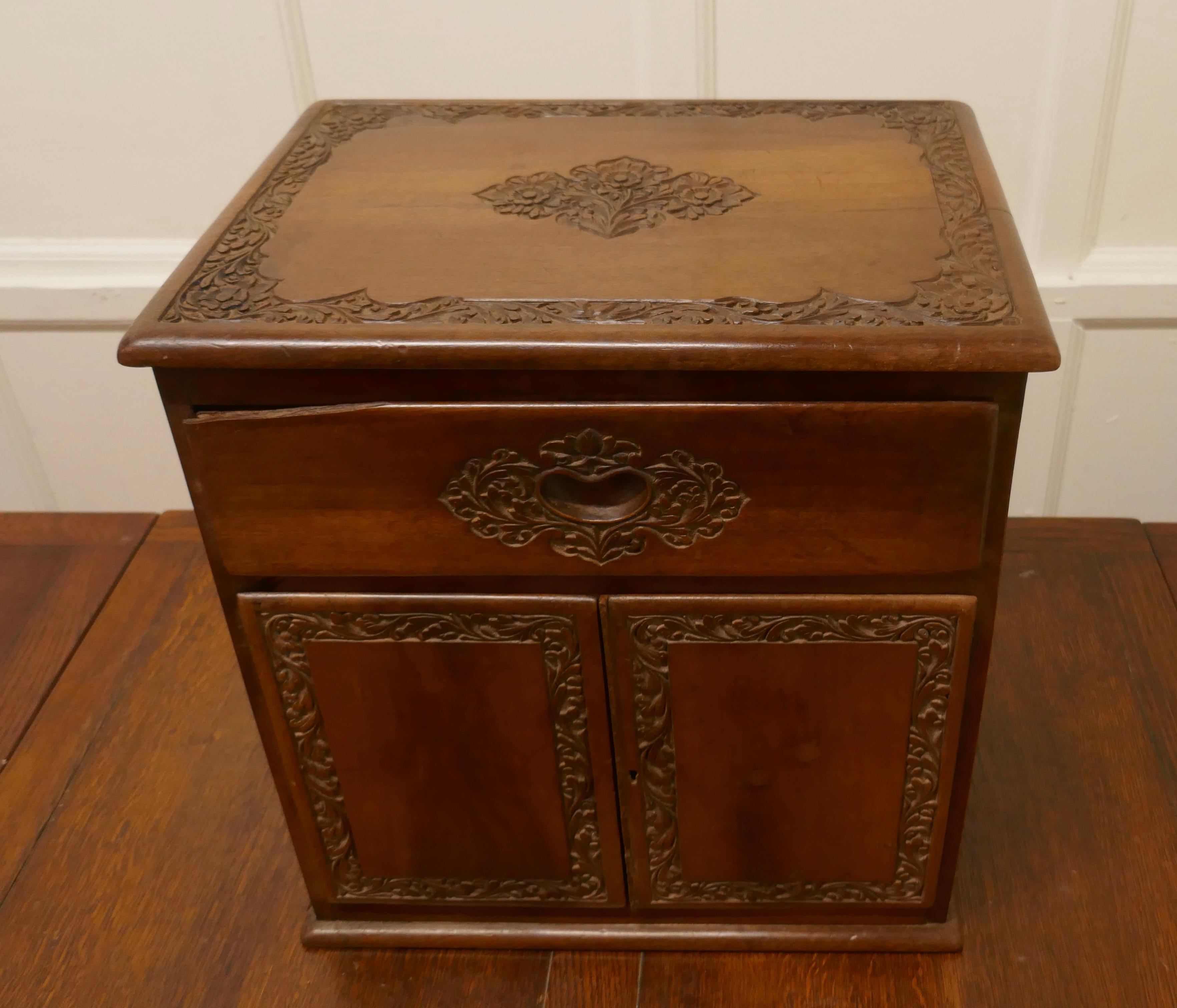 Anglo Raj Small Carved Cupboard with Drawer   For Sale