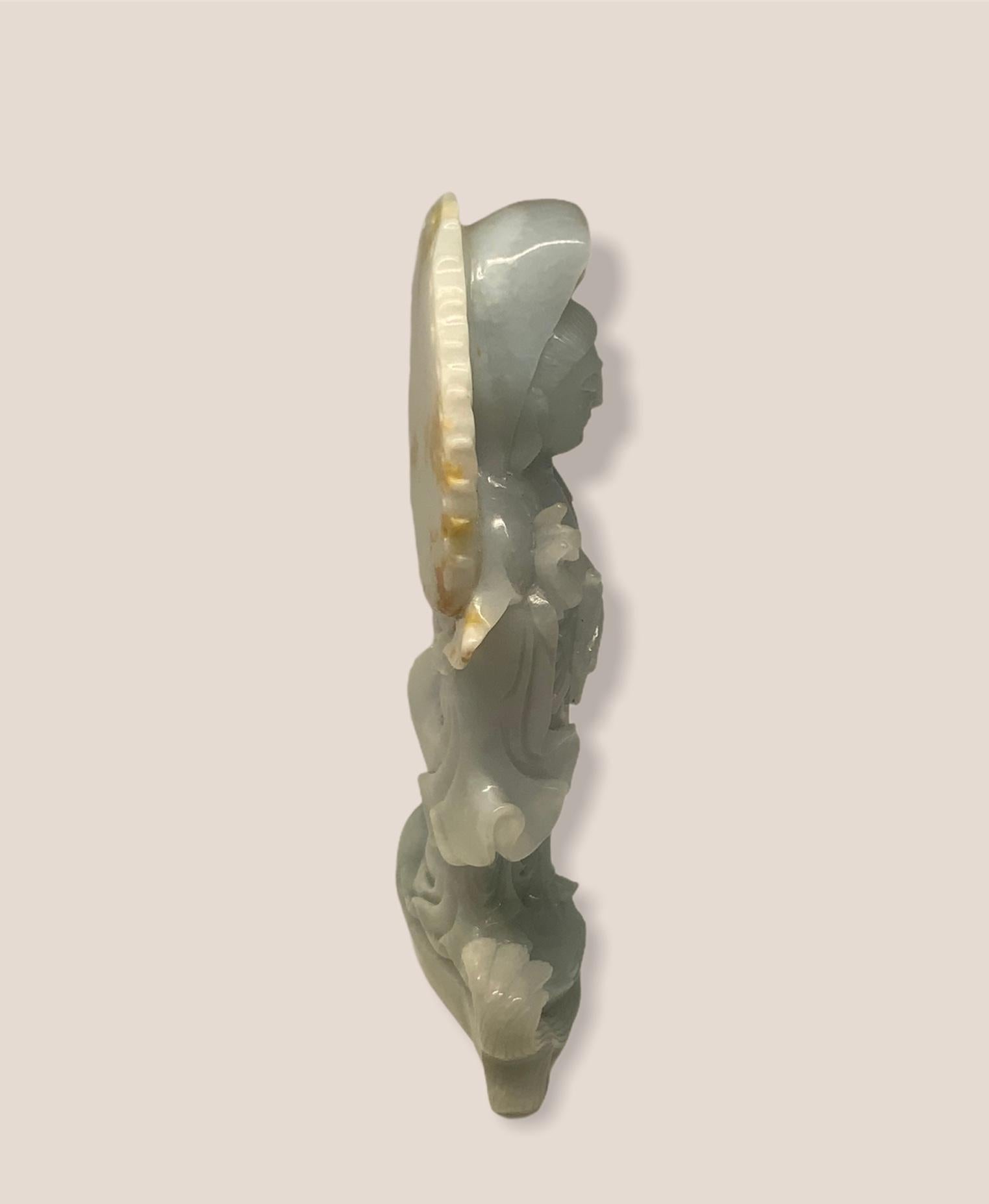 Hand-Carved Small Carved Lavender Opaline Jade Guan Yin Sculpture For Sale