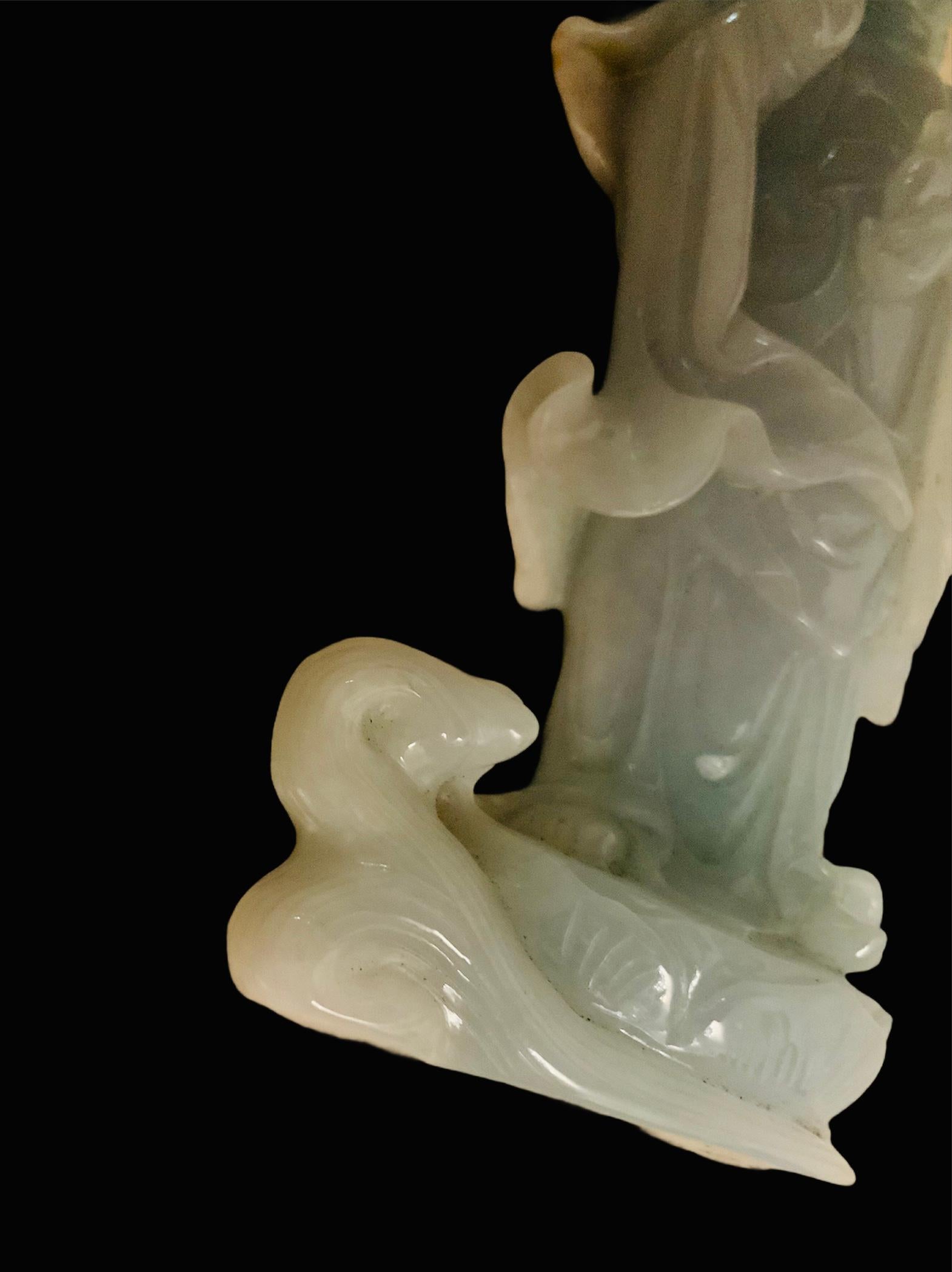 Small Carved Lavender Opaline Jade Guan Yin Sculpture For Sale 1