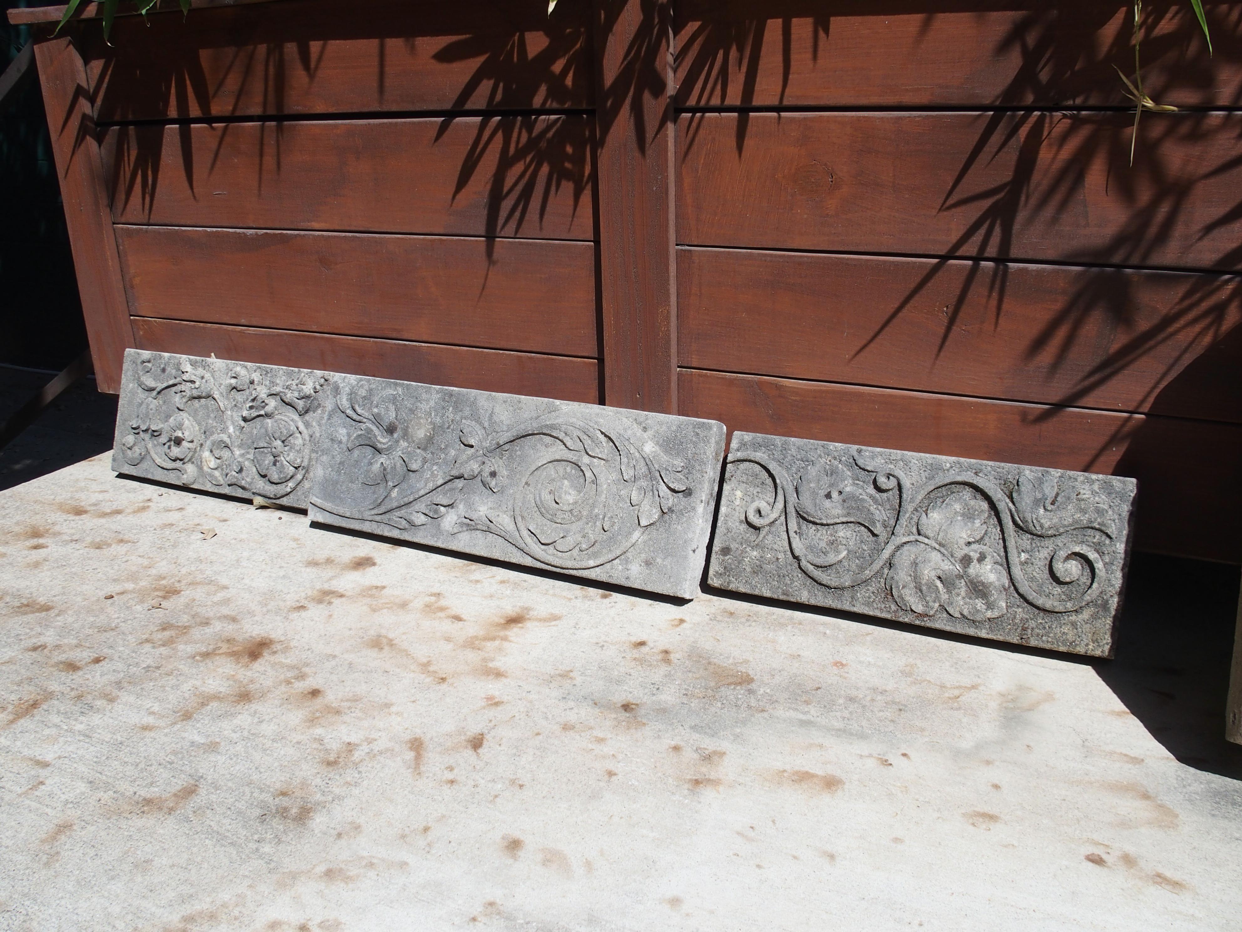Originaire d'Italie, cette petite plaque en pierre calcaire représente un rinceau de feuillage sculpté à la main en bas-relief. Présentées à l'horizontale, les feuilles enroulées de la plante serpentent sur toute la longueur de la plaque
