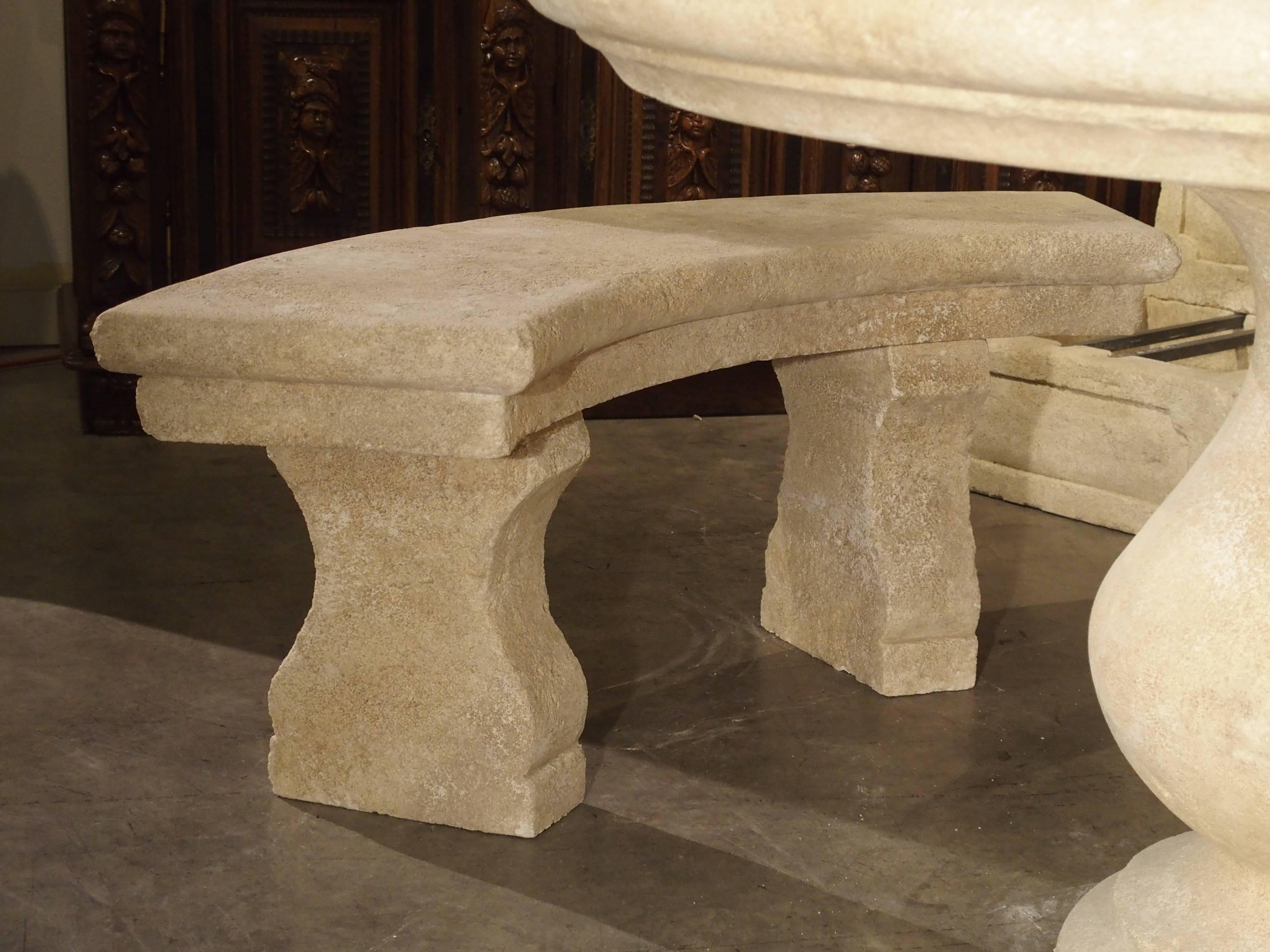 Contemporary Small Carved Limestone Garden Bench from Provence, France