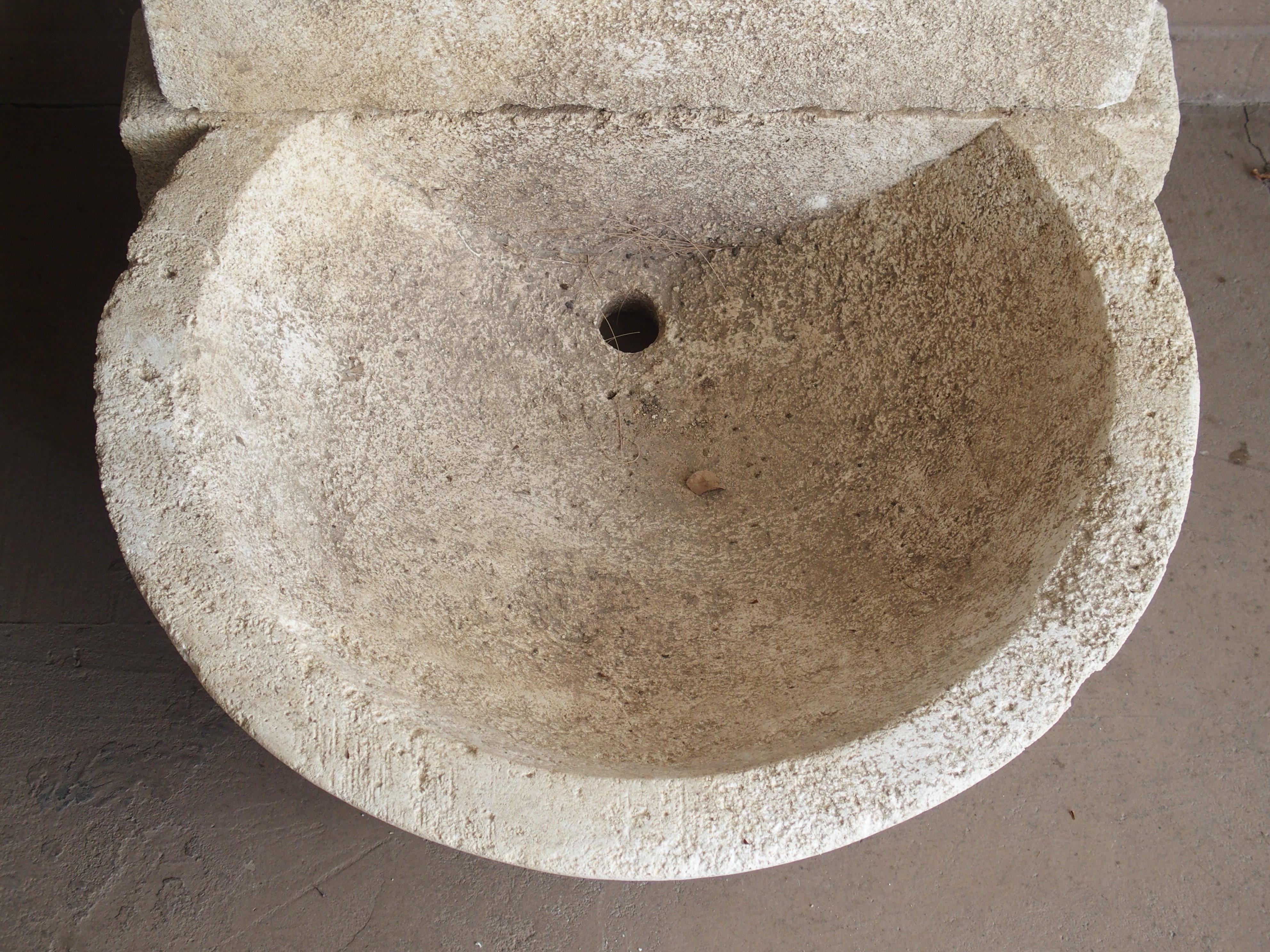 Contemporary Small Carved Limestone Wall Fountain with Circular Basin