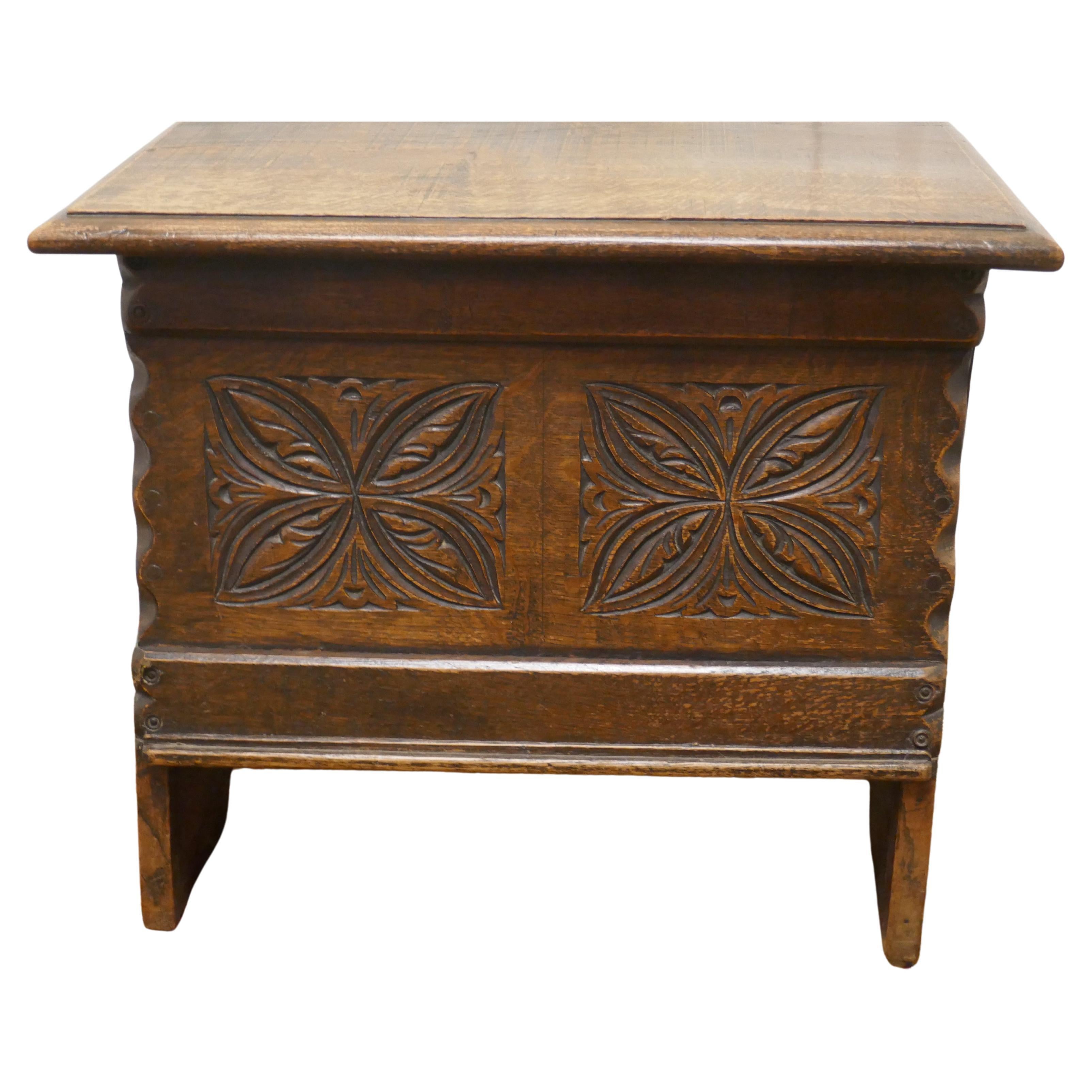 Small Carved Oak Chest or Shoe Box Coffer For Sale