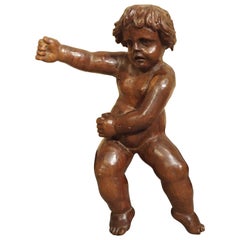Antique Small Carved Walnut Wood Cherub from France, 19th Century