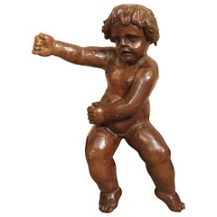 Small Carved Walnut Wood Cherub from France, 19th Century