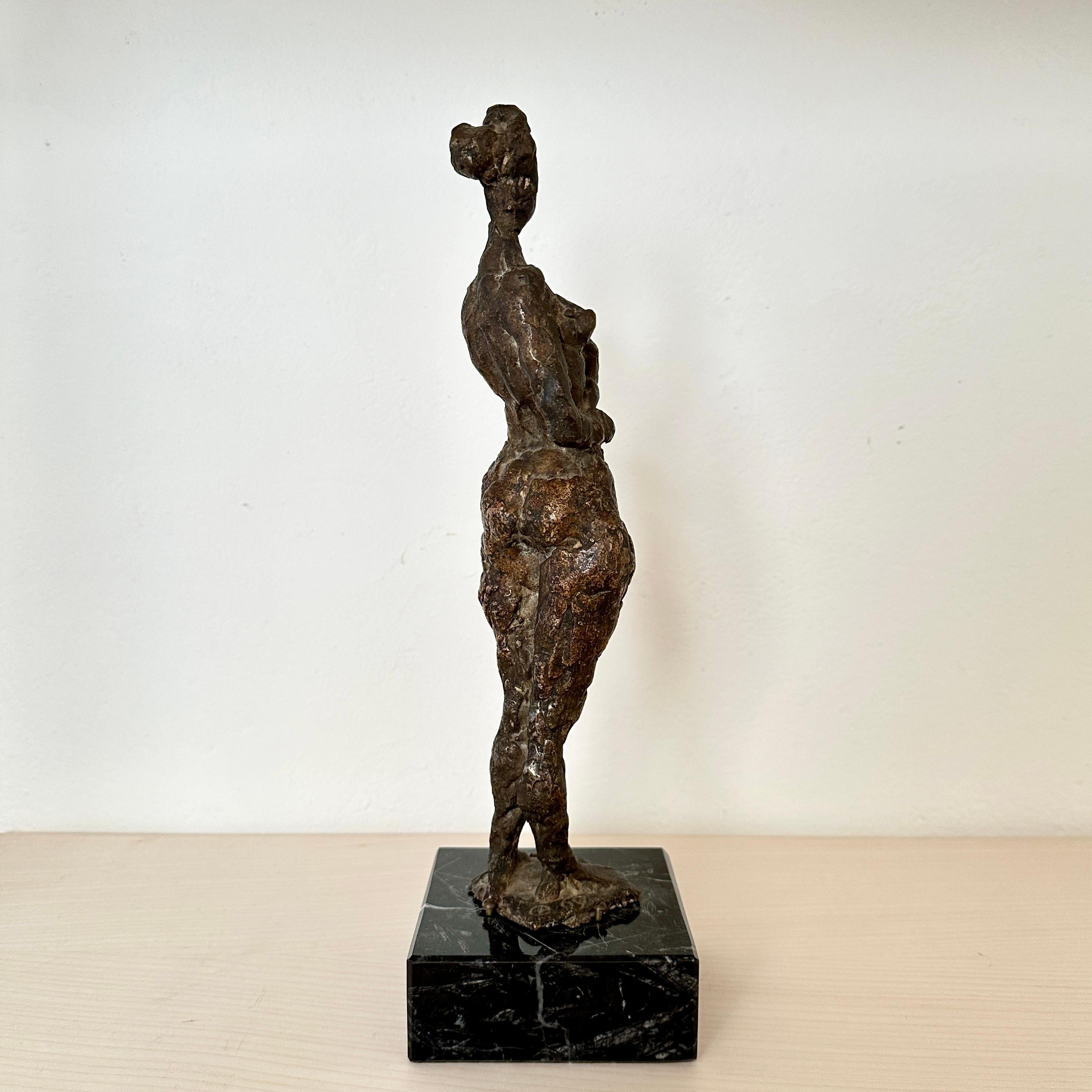 Small Cast Bronze Woman Sculpture by Oskar Bottoli on a Black Marble Stand, 1969 For Sale 7