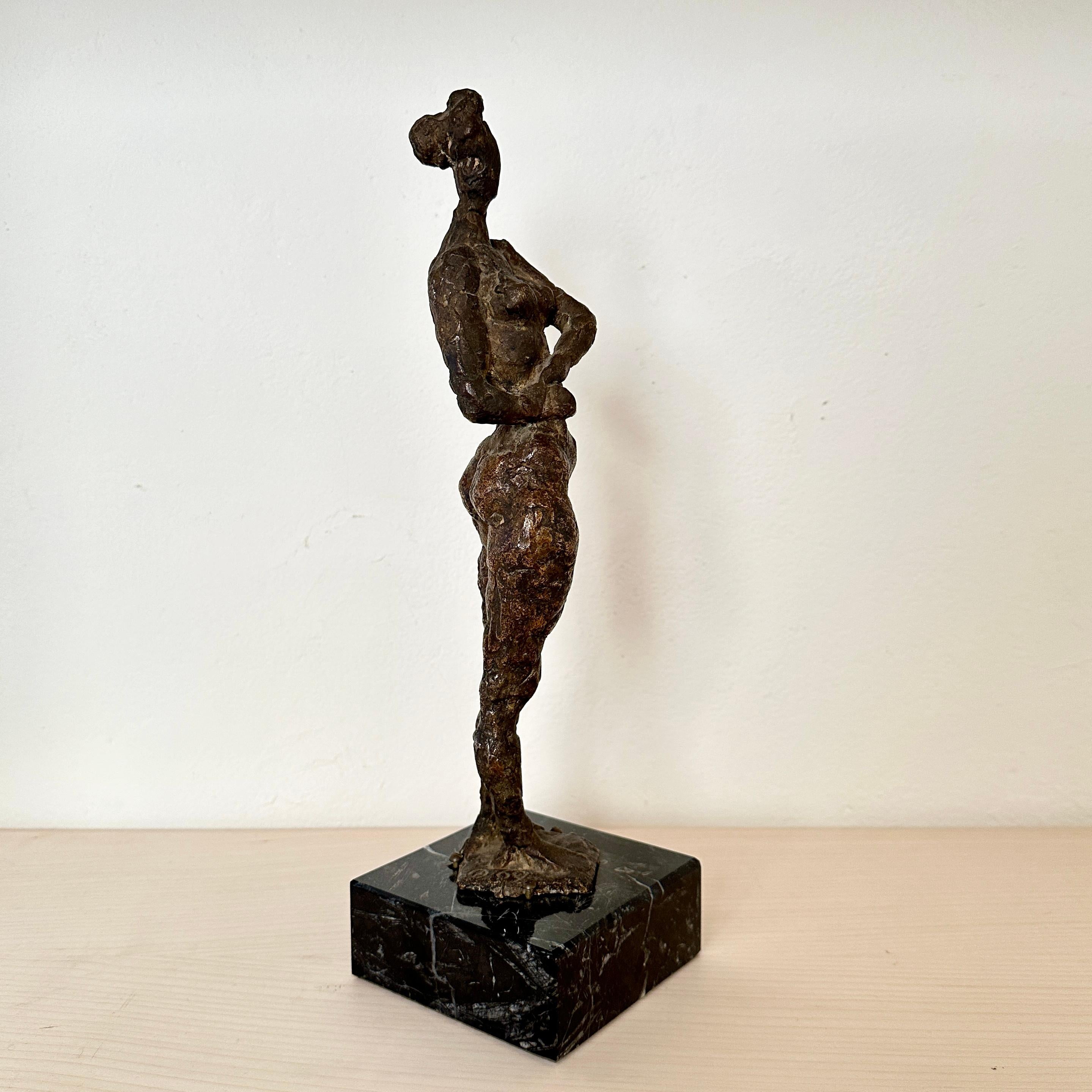 Small Cast Bronze Woman Sculpture by Oskar Bottoli on a Black Marble Stand, 1969 For Sale 10