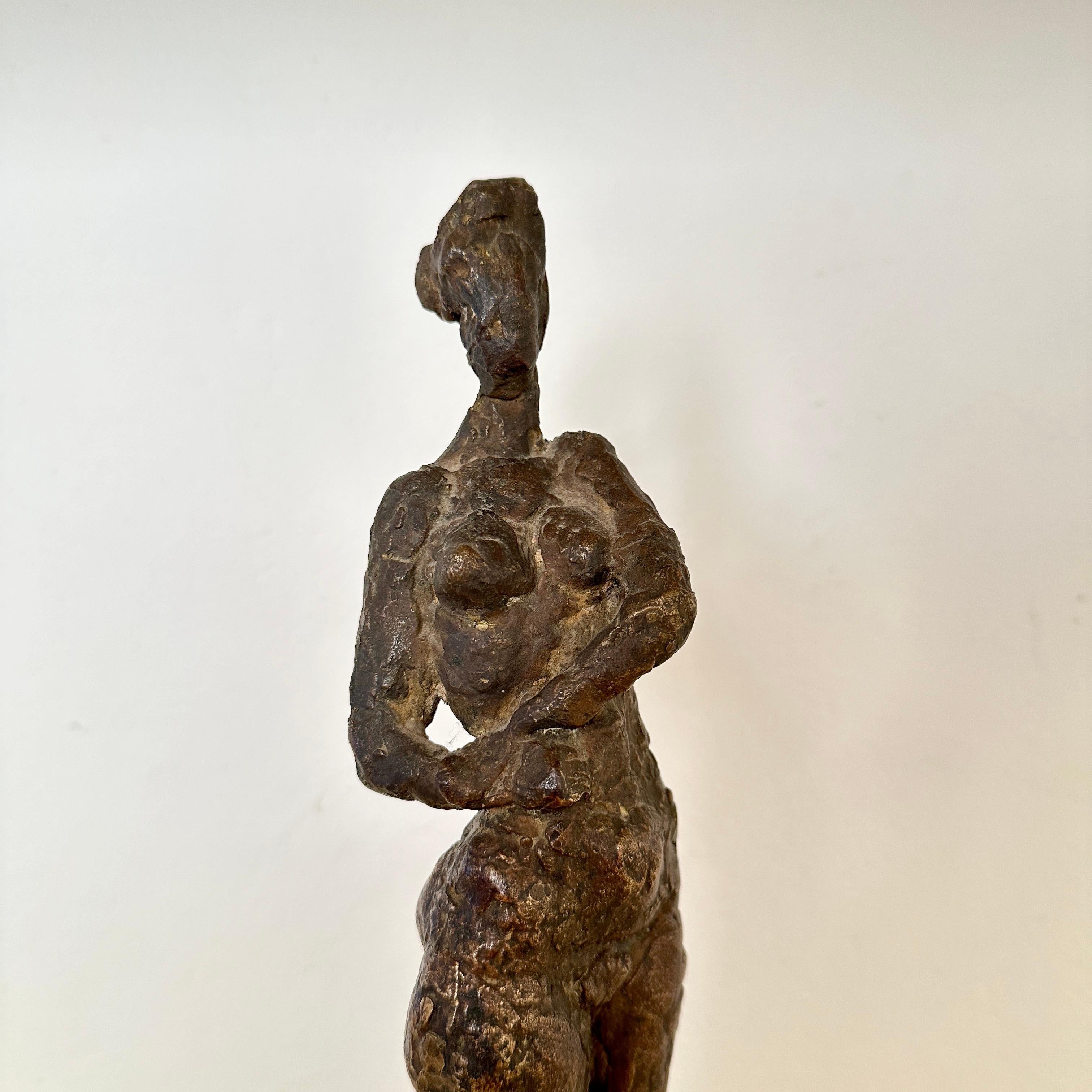 Mid-Century Modern Small Cast Bronze Woman Sculpture by Oskar Bottoli on a Black Marble Stand, 1969 For Sale