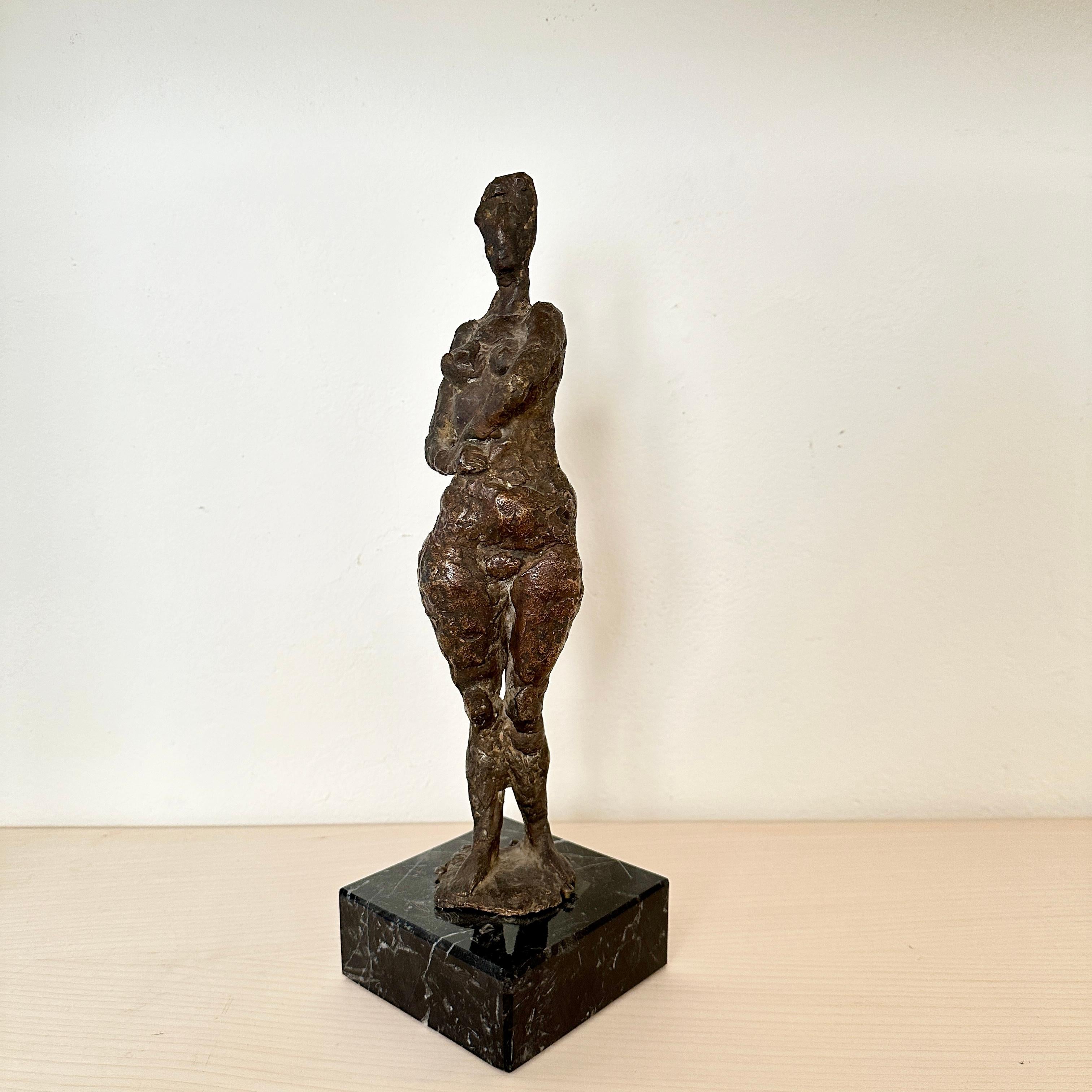 Austrian Small Cast Bronze Woman Sculpture by Oskar Bottoli on a Black Marble Stand, 1969 For Sale