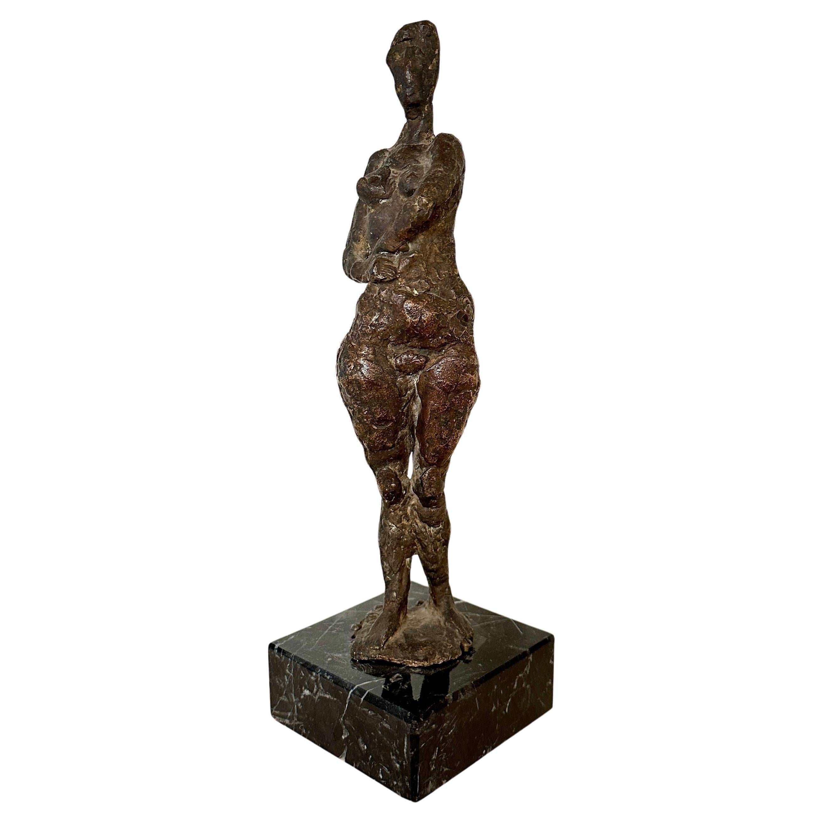 Small Cast Bronze Woman Sculpture by Oskar Bottoli on a Black Marble Stand, 1969 For Sale