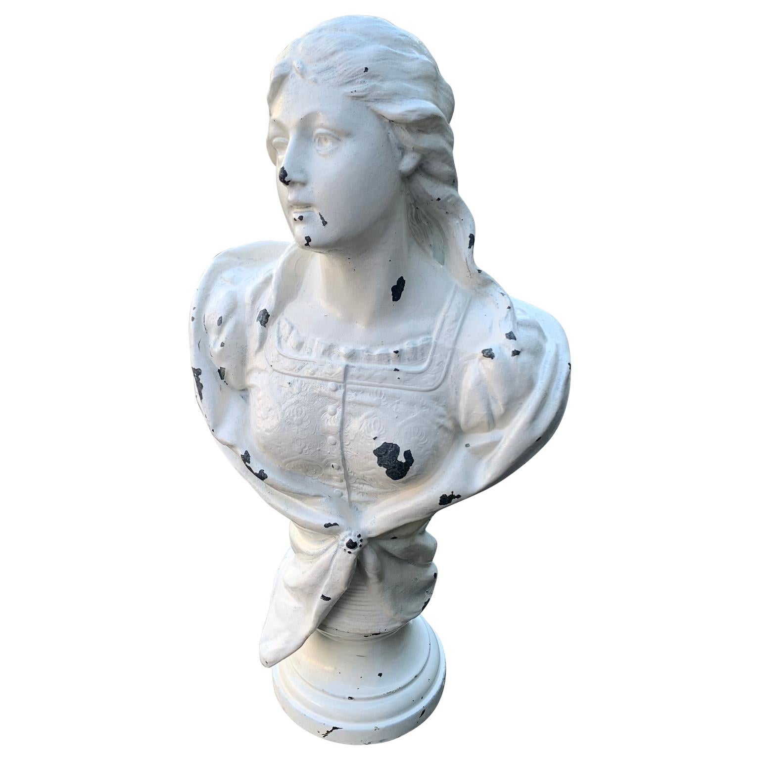 Small cast iron white painted statue of a lady.