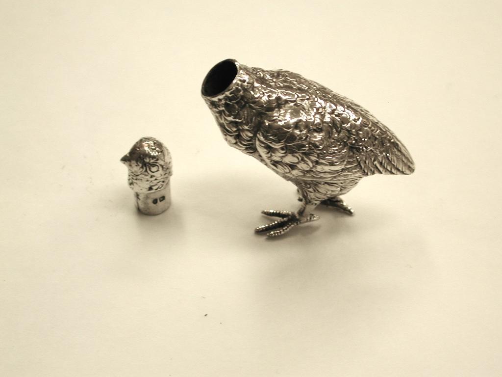 Silver cast model of a partridge made by Bertholt Muller and imported into London in 1907.
This fine model has a detachable head which is separately hallmark.
