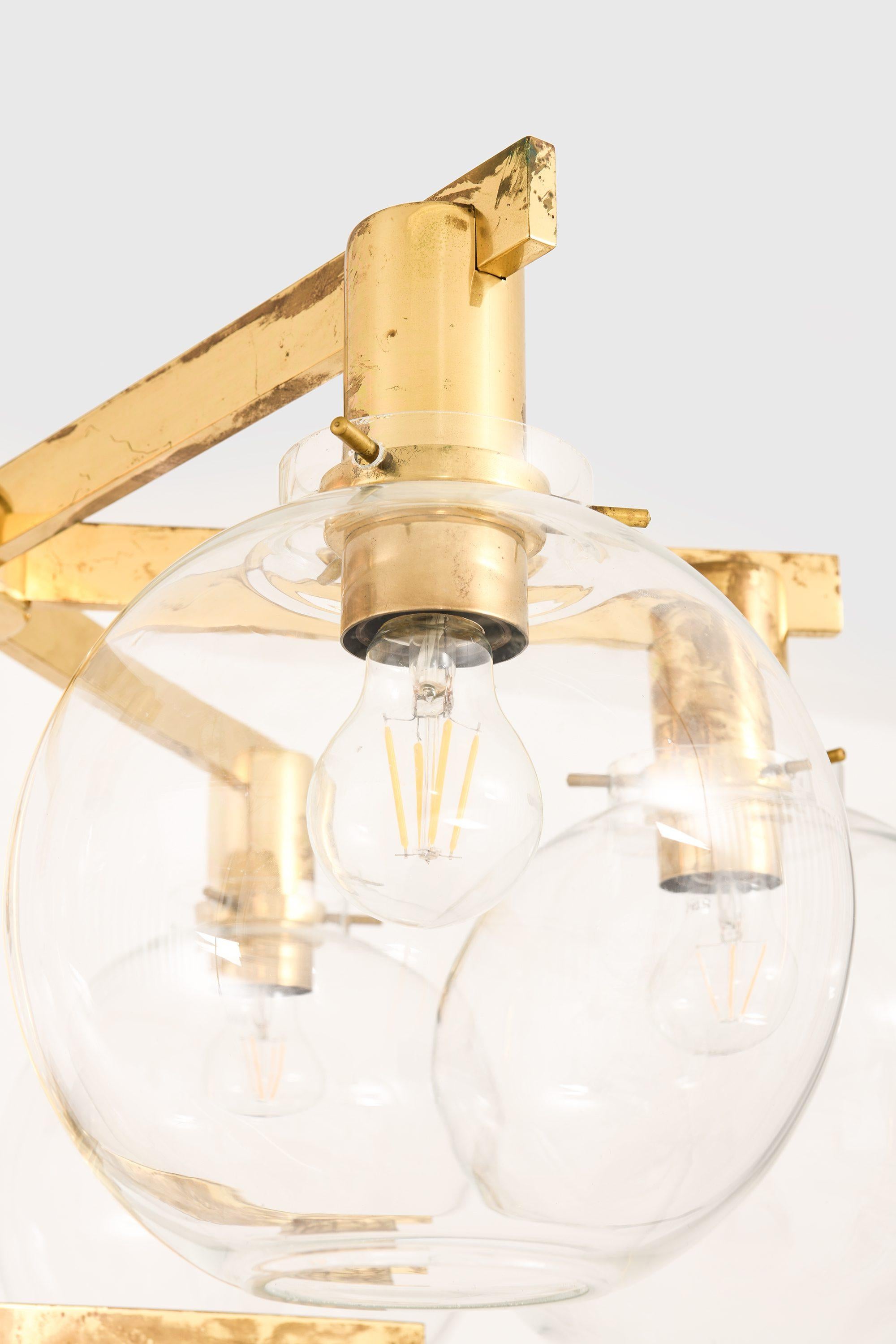 Scandinavian Modern Small Ceiling Lamp Chandelier in Brass and Glass by Hans-Agne Jakobsson, 1950's For Sale