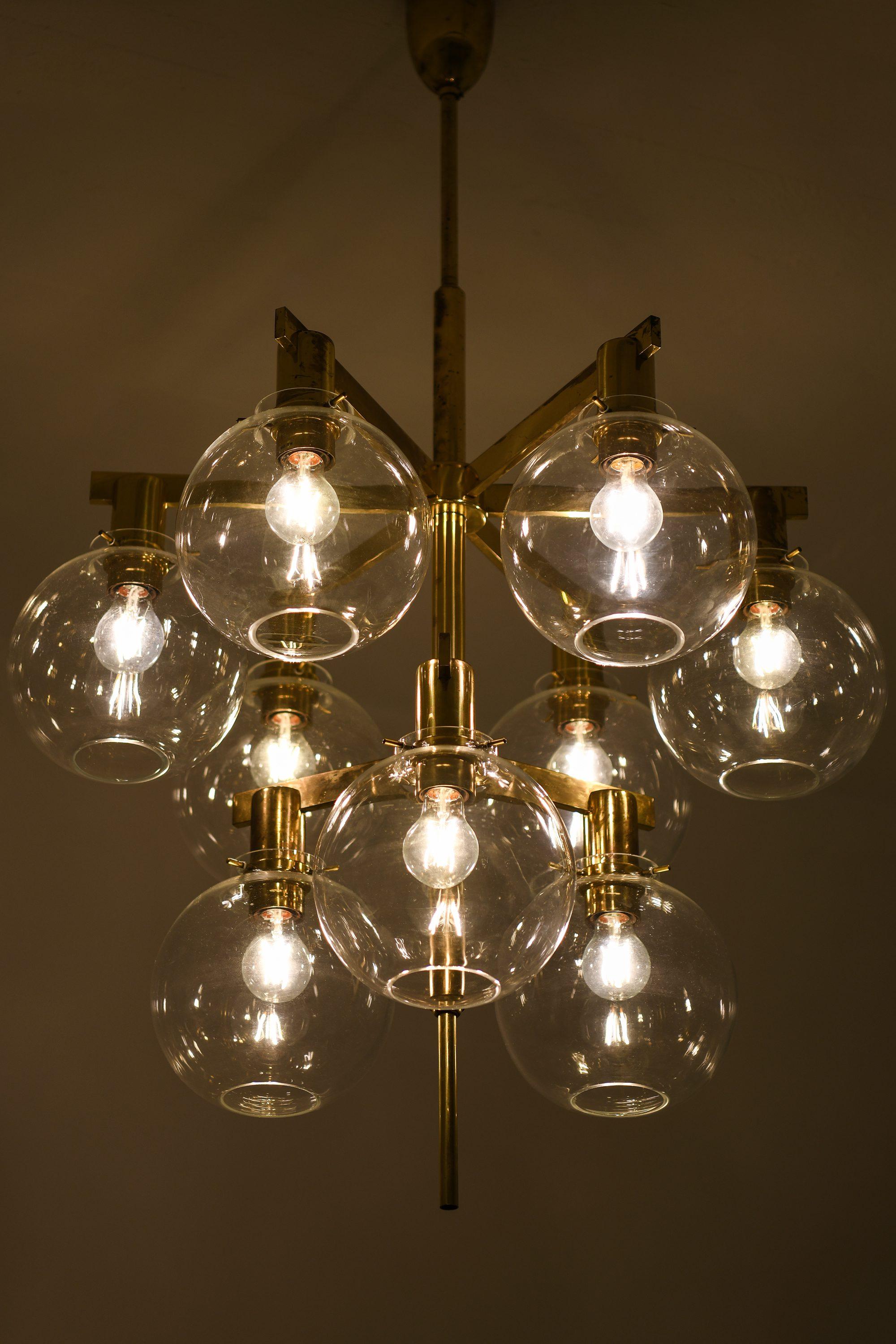 Small Ceiling Lamp Chandelier in Brass and Glass by Hans-Agne Jakobsson, 1950's For Sale 1