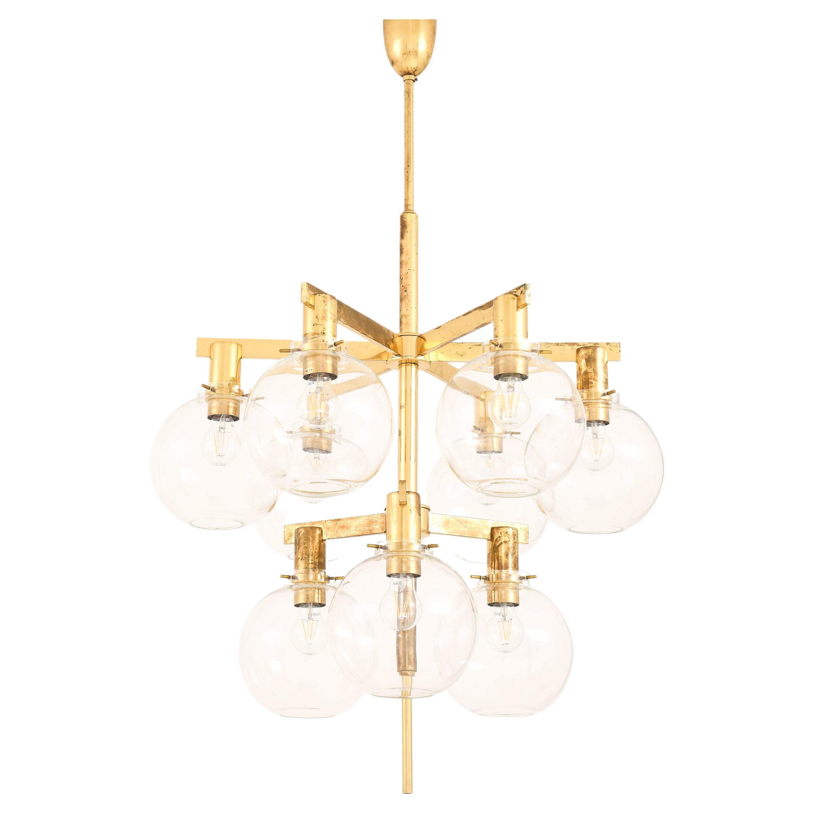 Small Ceiling Lamp Chandelier in Brass and Glass by Hans-Agne Jakobsson, 1950's For Sale