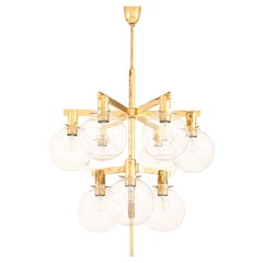 Small Ceiling Lamp Chandelier in Brass and Glass by Hans-Agne Jakobsson, 1950's