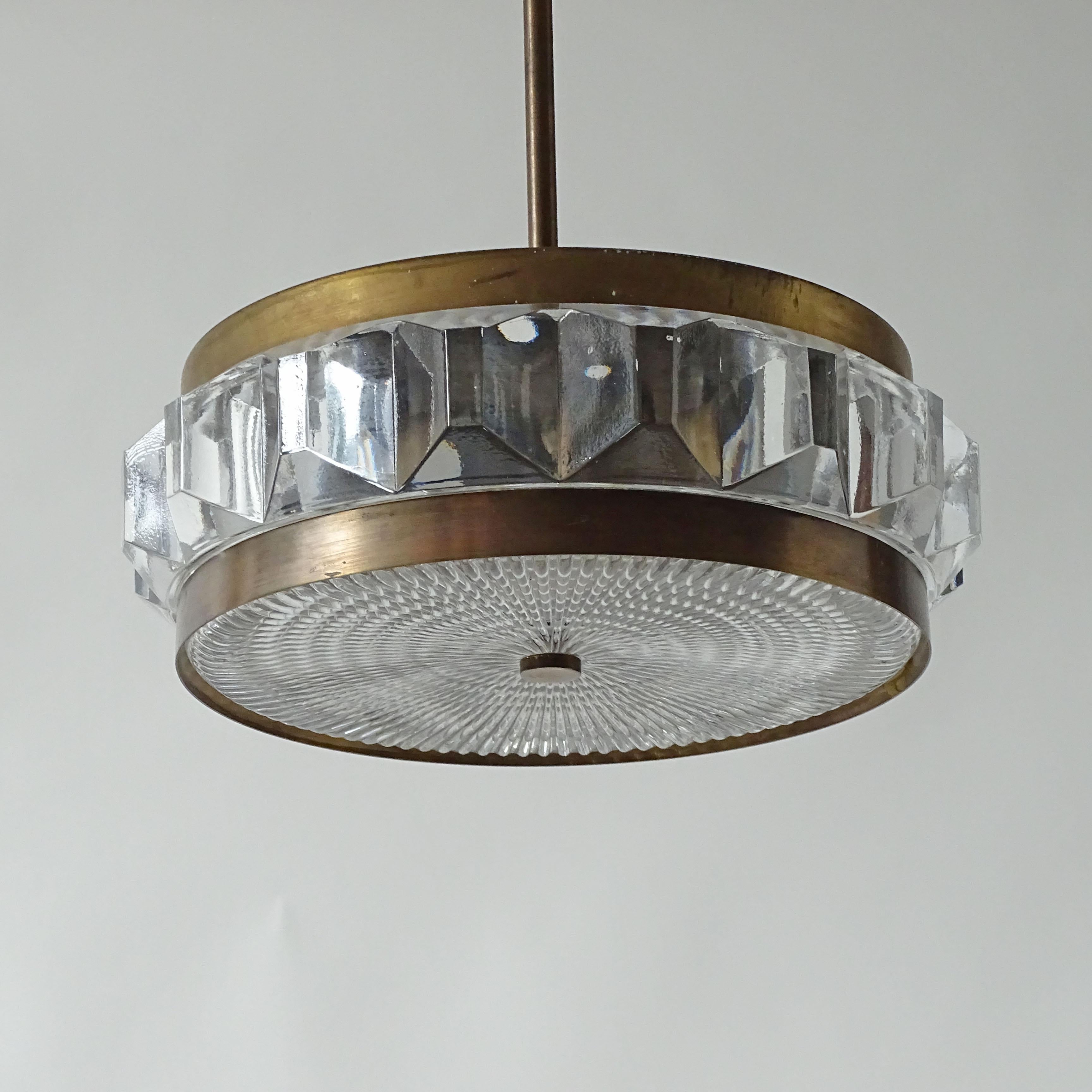 Mid-Century Modern Small Ceiling Lamp in Pressed Glass and Brass, 1960s For Sale