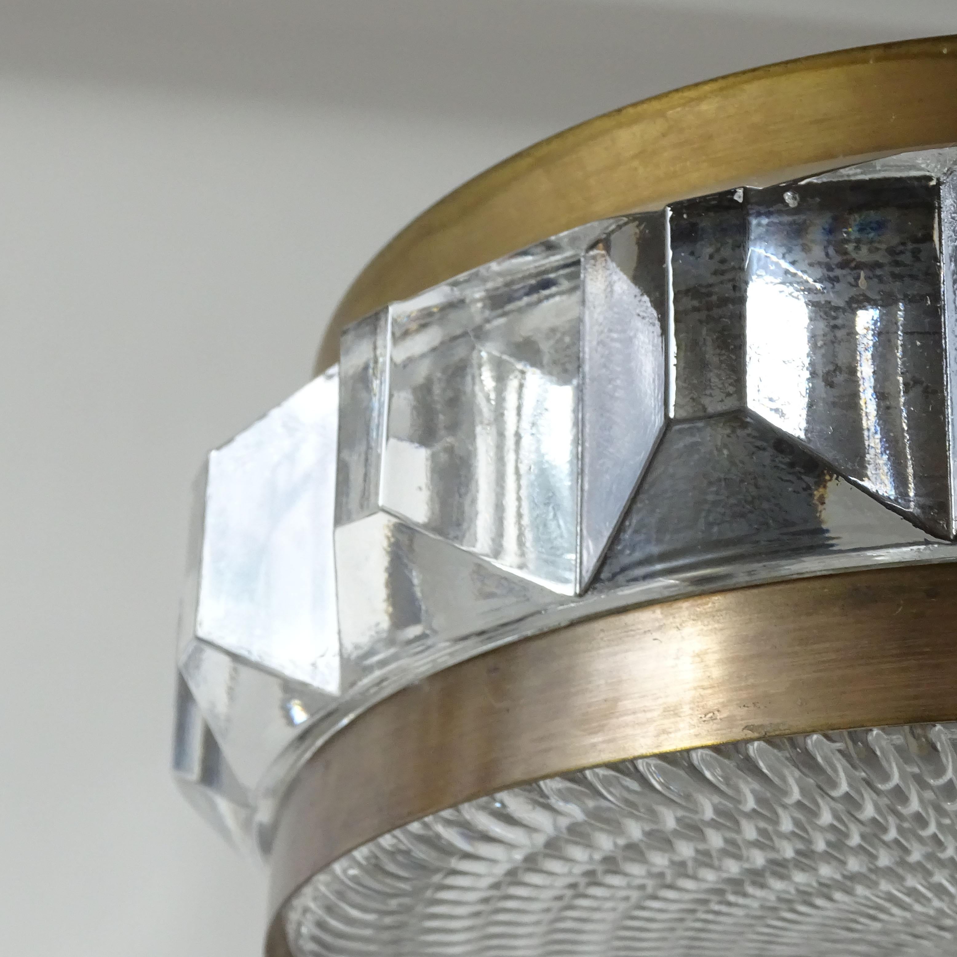European Small Ceiling Lamp in Pressed Glass and Brass, 1960s For Sale