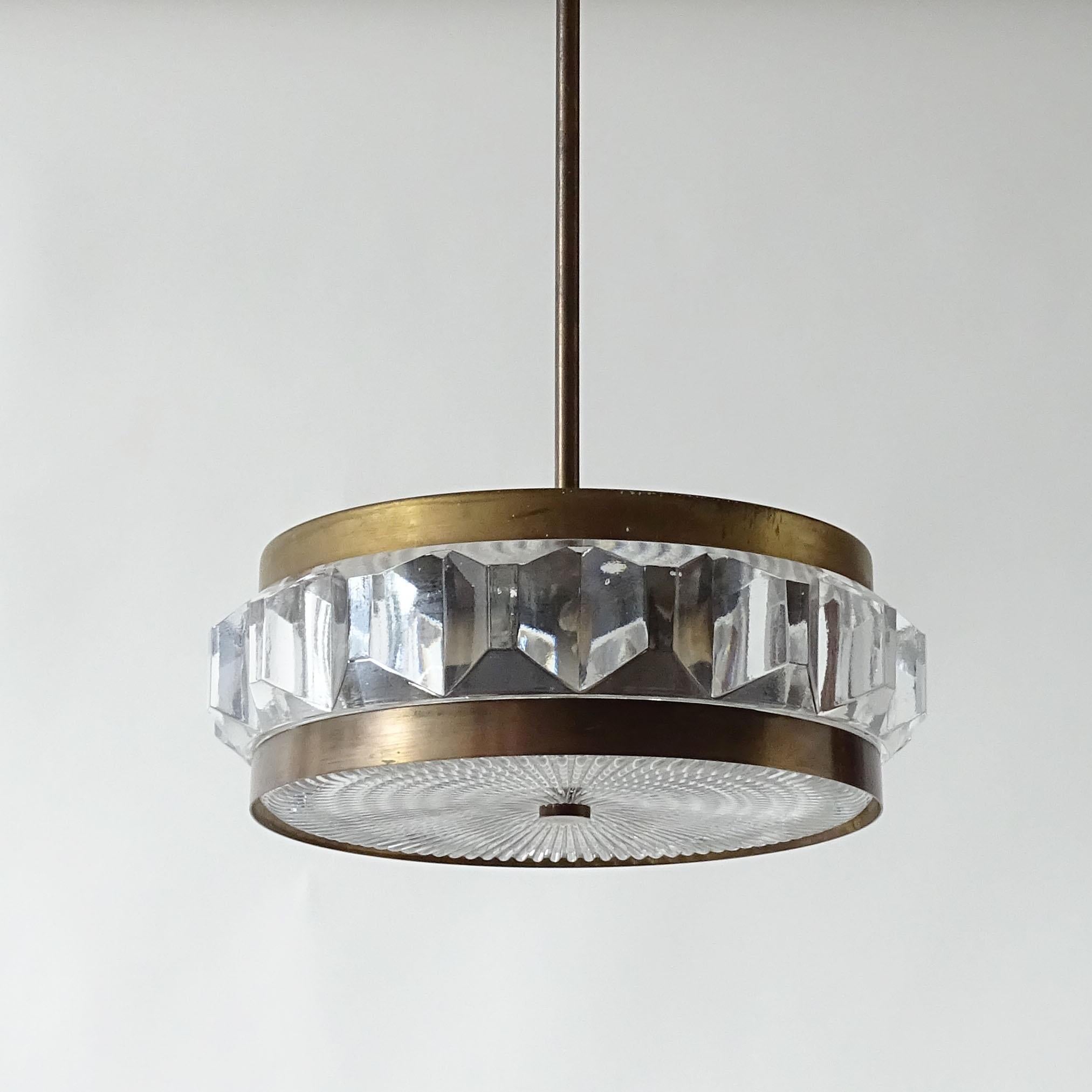 Small Ceiling Lamp in Pressed Glass and Brass, 1960s In Good Condition For Sale In Milan, IT