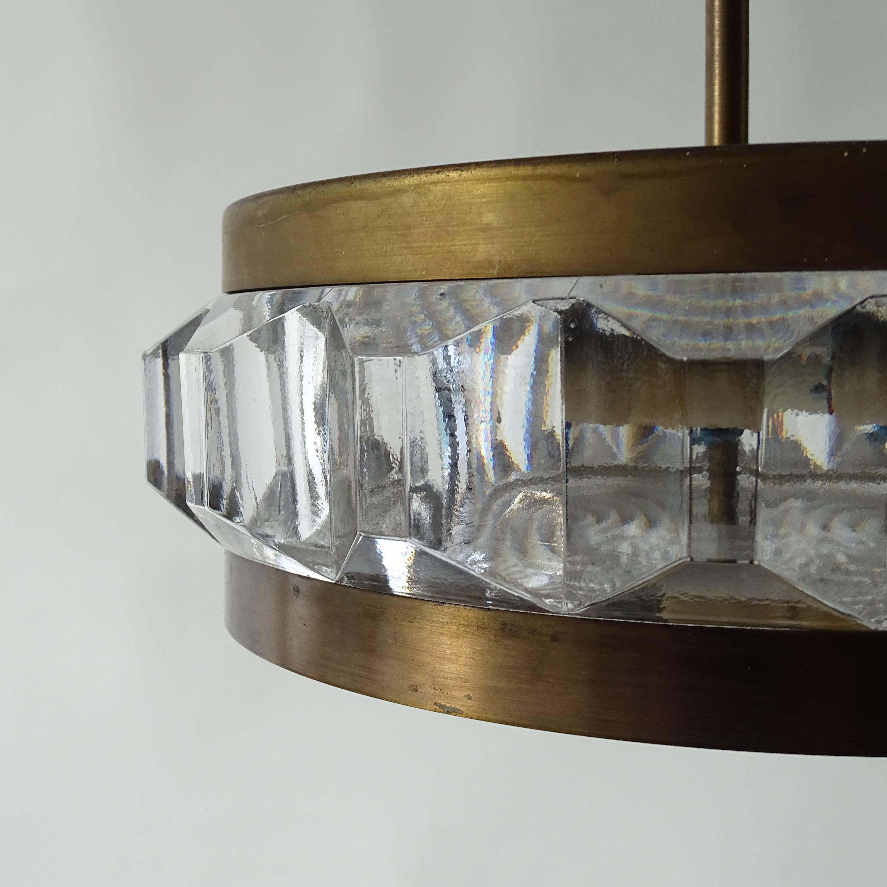 Mid-20th Century Small Ceiling Lamp in Pressed Glass and Brass, 1960s For Sale