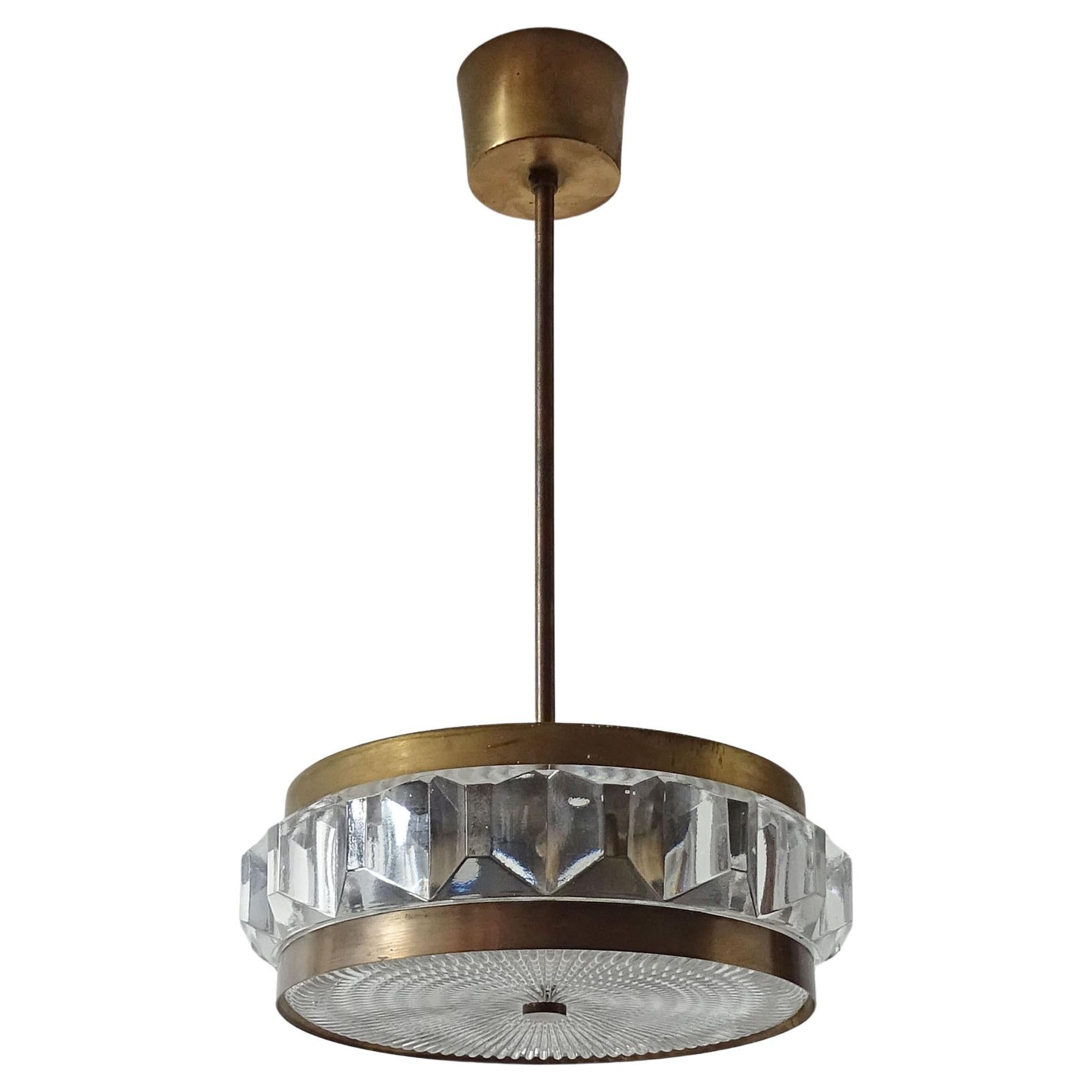 Small Ceiling Lamp in Pressed Glass and Brass, 1960s For Sale