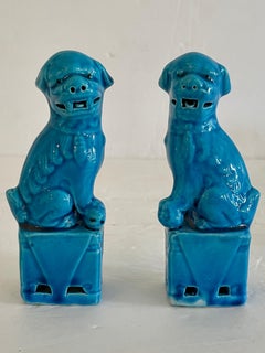 Small Ceramic Asian Turquoise Foo Dogs, a Pair